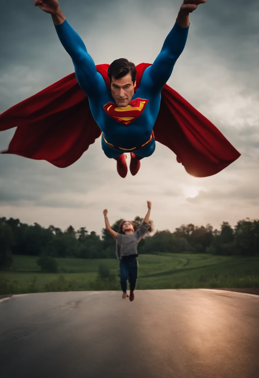 Arafed man flying through the air with a superman costume on - SeaArt AI