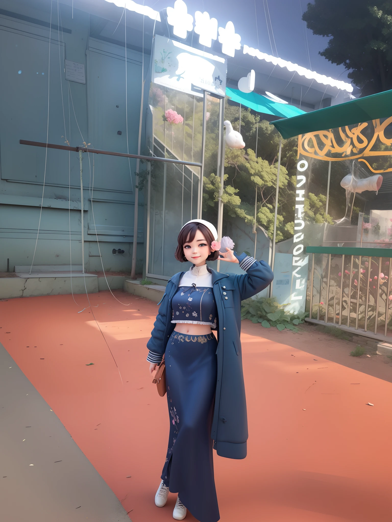 (Masterpiece), (Excellent), (Ultra Detailed), (Full Body: 1.2), 1girl, Cute, Smile, Flower, Outdoor, Berets, Coat, Blush, Tree: 2, Shirt, Short Hair, Garden, Headgear, Misty, Brown Hair, Blush Sticker, Long Sleeves, Bangs, Black Hair, Flowers, (Beautiful and Delicate Face), (Beautiful and Delicate Eyes), Yangguan Full