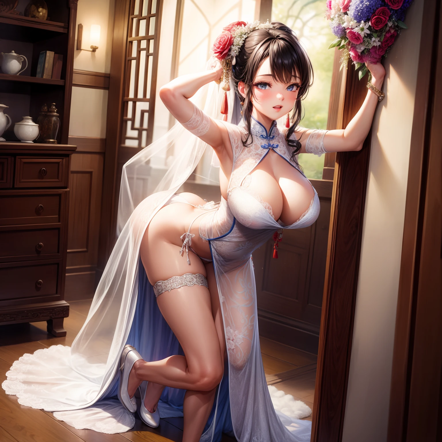 (8K ,Hyper-detailing,Ultra photo realsisim,Best Masterpiece,naturey,Perfect artwork,Perfect female body),Two cute busty girls ,(large tities),Antique flower wedding,Antique flower wedding,Chinese wedding dress,Stylish hairstyle,Elegant and sexy bride,On a quaint street,Dress up in a sexy vintage wedding dress,Built-in thong panties,Large cleavage,,Stretch meat,Raised sexy,The kinky is exposed ,tit,full body shot of