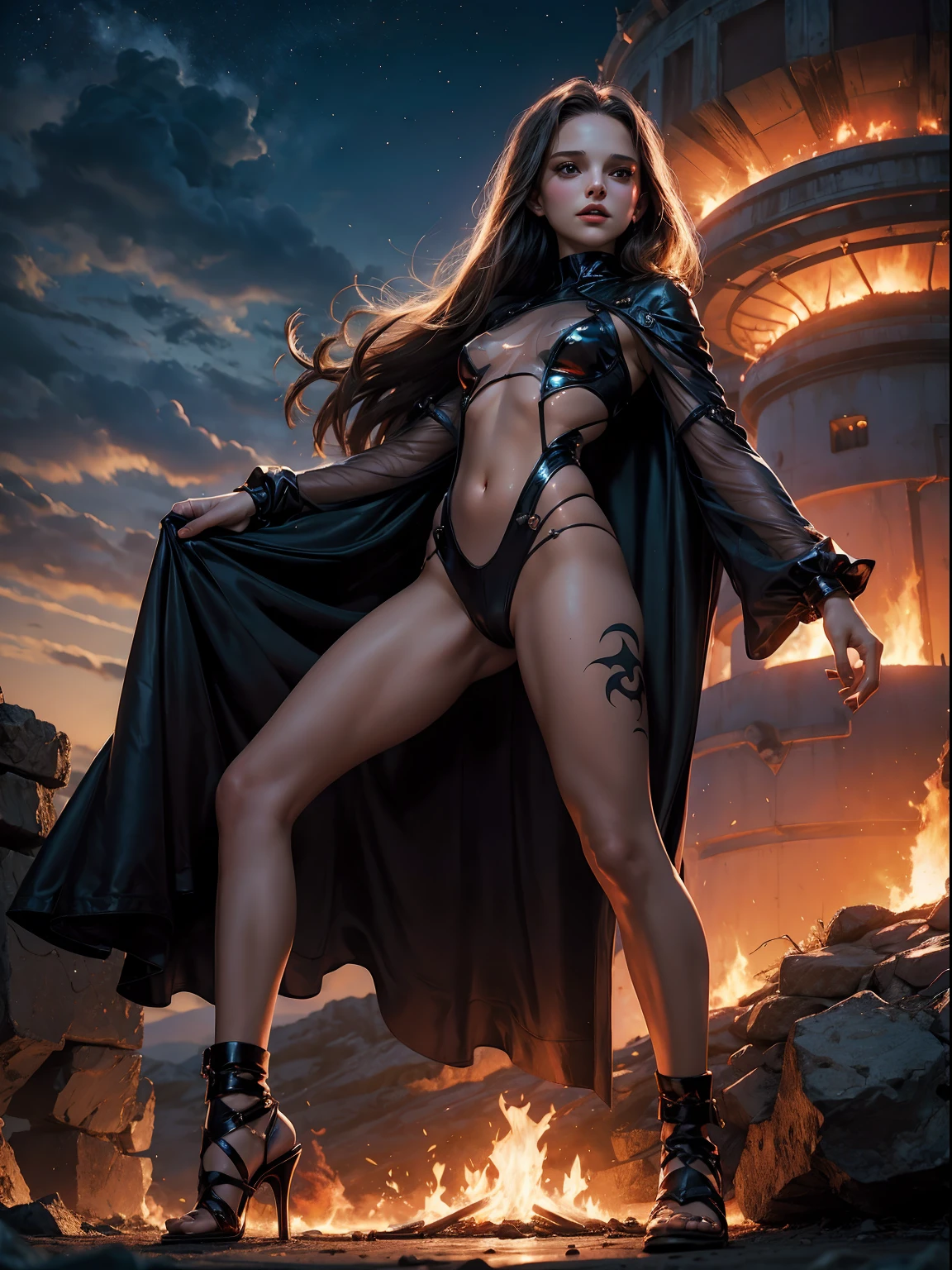 night. natalie portman as a demoness girl, wearing transparent bodysuit. translucent, crop top. background fire volcano. cloudy sky. --s 1000