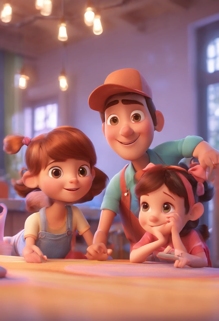 Estilo Pixar: Familia, Um pai, A mother and two girls. Uma ****** de 6 anos e outro de 2 anos . Uma fazenda com vacas lindas e marrom .