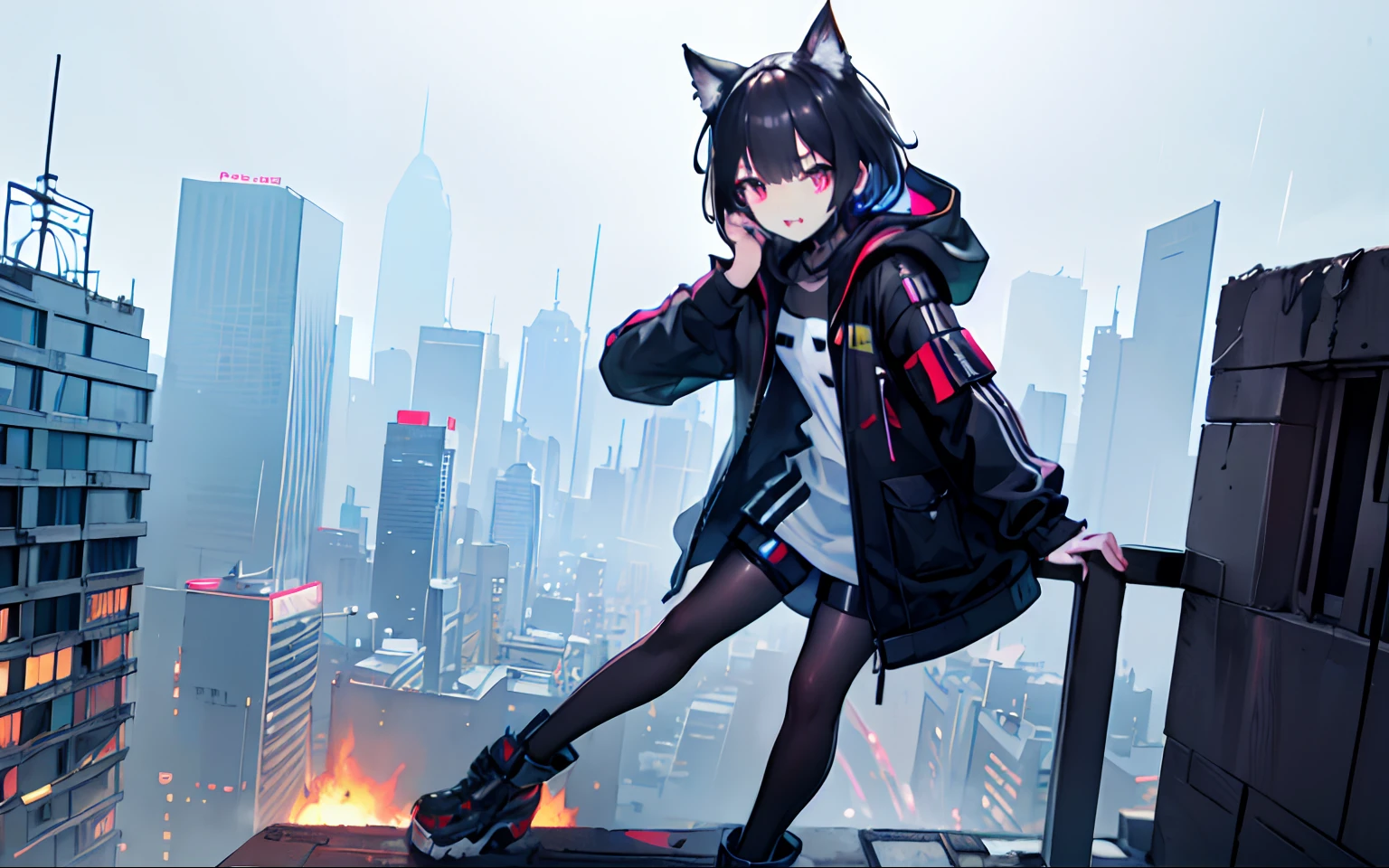 Midnight City (futuristic Tower)(HD, Realistic, 2K, HDR, High Quality, High detail) Cyberpunk, Short hair, (Cat ears), Black coat (with long strips), Raining, exterior, Best quality, cute face (with tiny fang) (beautiful View) View the City, (Full body), [Detailed eyes] focus, (Beautiful view background) (Detailed background) (Rooftop of Tower) (Cute tooth fang), ((Masterpiece)) ((Detail suroundding)), ((Detail face)) pose (looking at the view) (better skin fang) ((Detailed eyes)) palm skin, ((Detailed body)) (dark color hair)