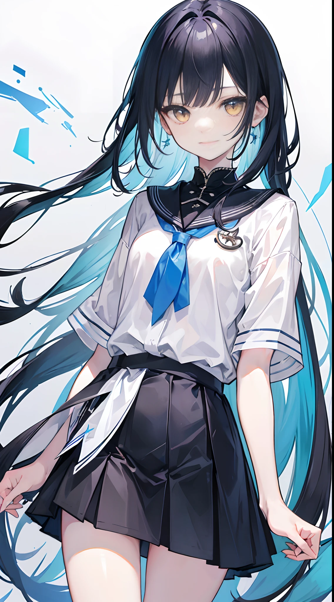 Always carry two small pairs of scissors with you，A charm on his chest，It's a big crystal blue pair of scissors，It is not used as a last resort，A big sister with a cheerful personality，I used to be a girl who didn't like to talk，He likes to help Lin Nuo cut his hair。
Long blue-gray-black hair，Slanted hair curtain，Hair is scattered around the waist，Black short-sleeved school uniform with skirt，White skin of the，Pale bluish yellow eyes，Innocent eyes，Medium build