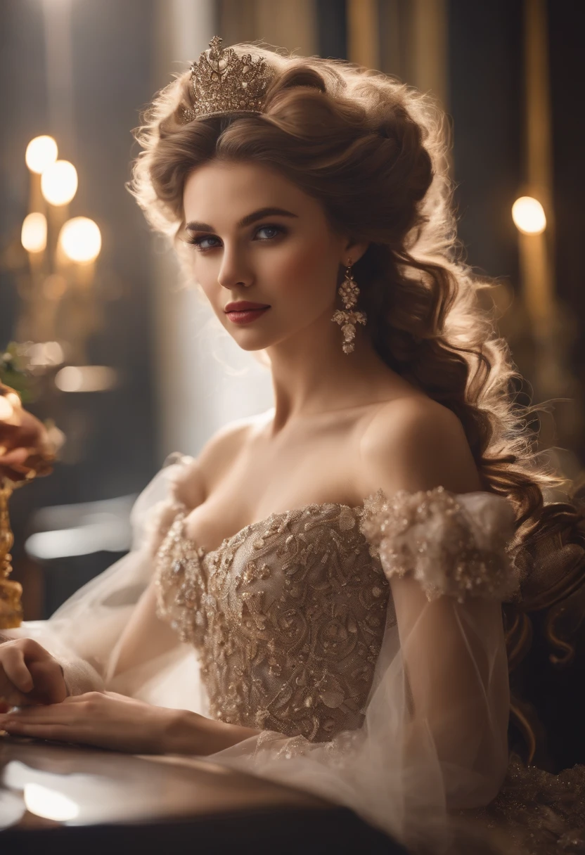 Dramatic composition, court-style dresses, royal, gorgeous, cascading frills, ruffles, bows, crystal chandeliers, Roman curly hairstyles, ponet, double ponytails like drills, look at the camera, bangs, maximalism, palatial background, delicate portrayal of hair and eyes, princess dresses, gorgeous skirts, flowers in hand, smiles, starry eyes, cinematic light, extreme detail, high definition, happy girl, very long hair, diamonds, broken diamonds, crystal fragments, light particles