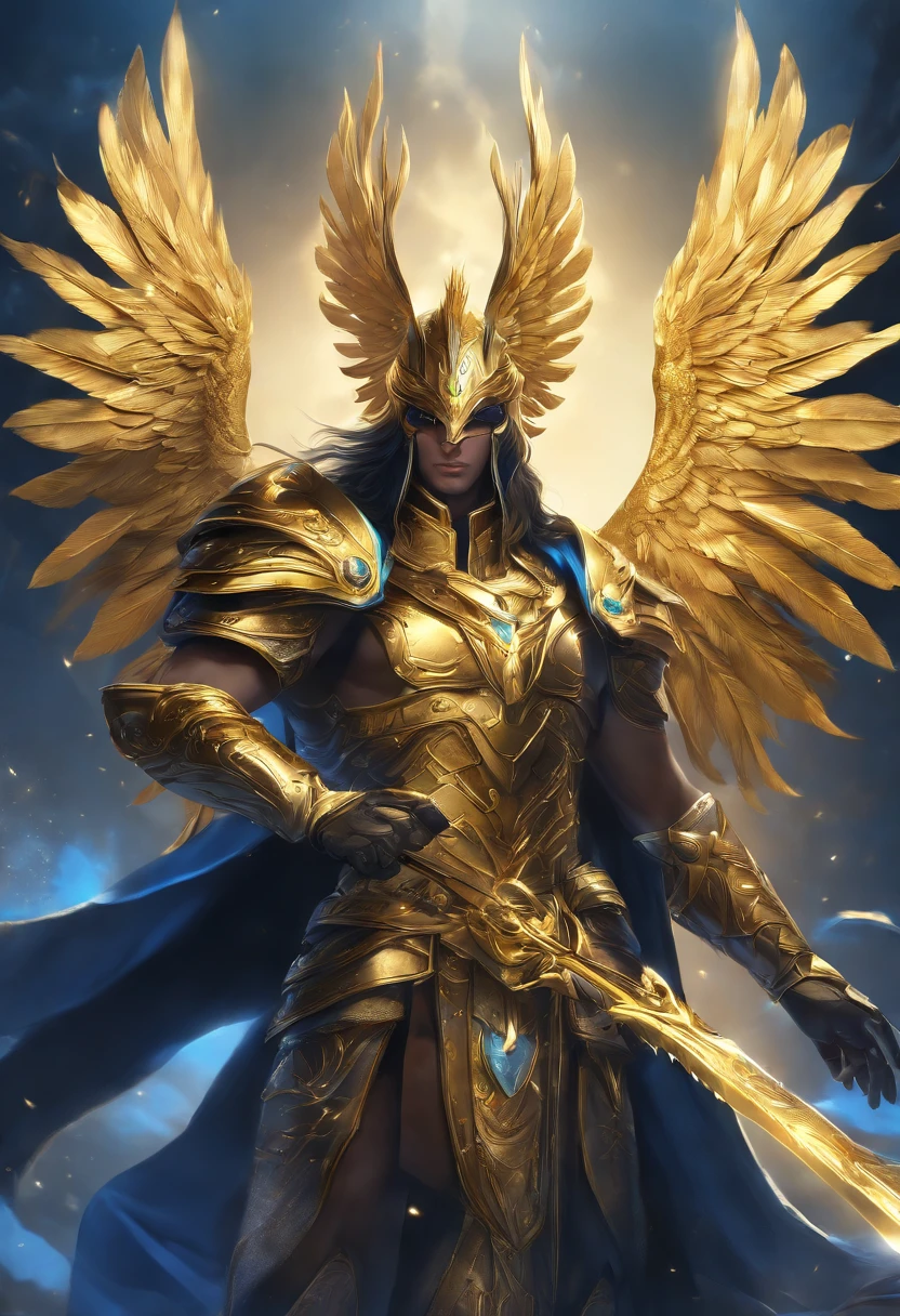 Anime character of sword and golden bird on blue background, mystical anubis valkyrie, mystical atlantean valkyrie, gold paladin, ( ( The king of artificial intelligence art ) ), angelic golden armor, phoenix warrior, ''wallpaper of a phoenix, beautiful male god of death, the god emperor of mankind, Keqing from Genshin Impact, legendary god holding spear