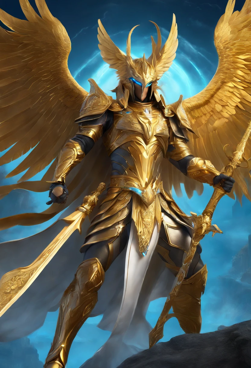 Anime character of sword and golden bird on blue background, mystical anubis valkyrie, mystical atlantean valkyrie, gold paladin, ( ( The king of artificial intelligence art ) ), angelic golden armor, phoenix warrior, ''wallpaper of a phoenix, beautiful male god of death, the god emperor of mankind, Keqing from Genshin Impact, legendary god holding spear