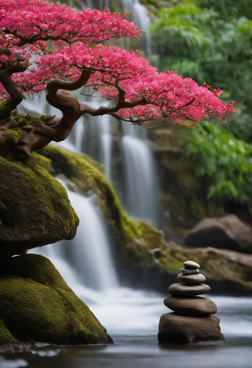 Por favor, crie uma imagem de um bonsai no estilo bunjing em um ambiente natural com uma cachoeira e uma pedra. The main focus of the image should be the bonsai tree, que deve estar repleta de flores coloridas, criando uma cena vibrante e cheia de vida. Certifique-se de que o estilo de pintura realce a vivacidade das cores e a beleza das flores do bonsai. A cachoeira e a pedra devem estar presentes para compor a cena, mas em segundo plano, so as not to distract from the splendour of the tree. A imagem deve transmitir a serenidade da cena, With the tree in full bloom and the water from the waterfall flowing gently. Feel free to add additional details, such as reflections in the water or elements of the surrounding nature, to create a visually stunning representation of bonsai in its natural environment
