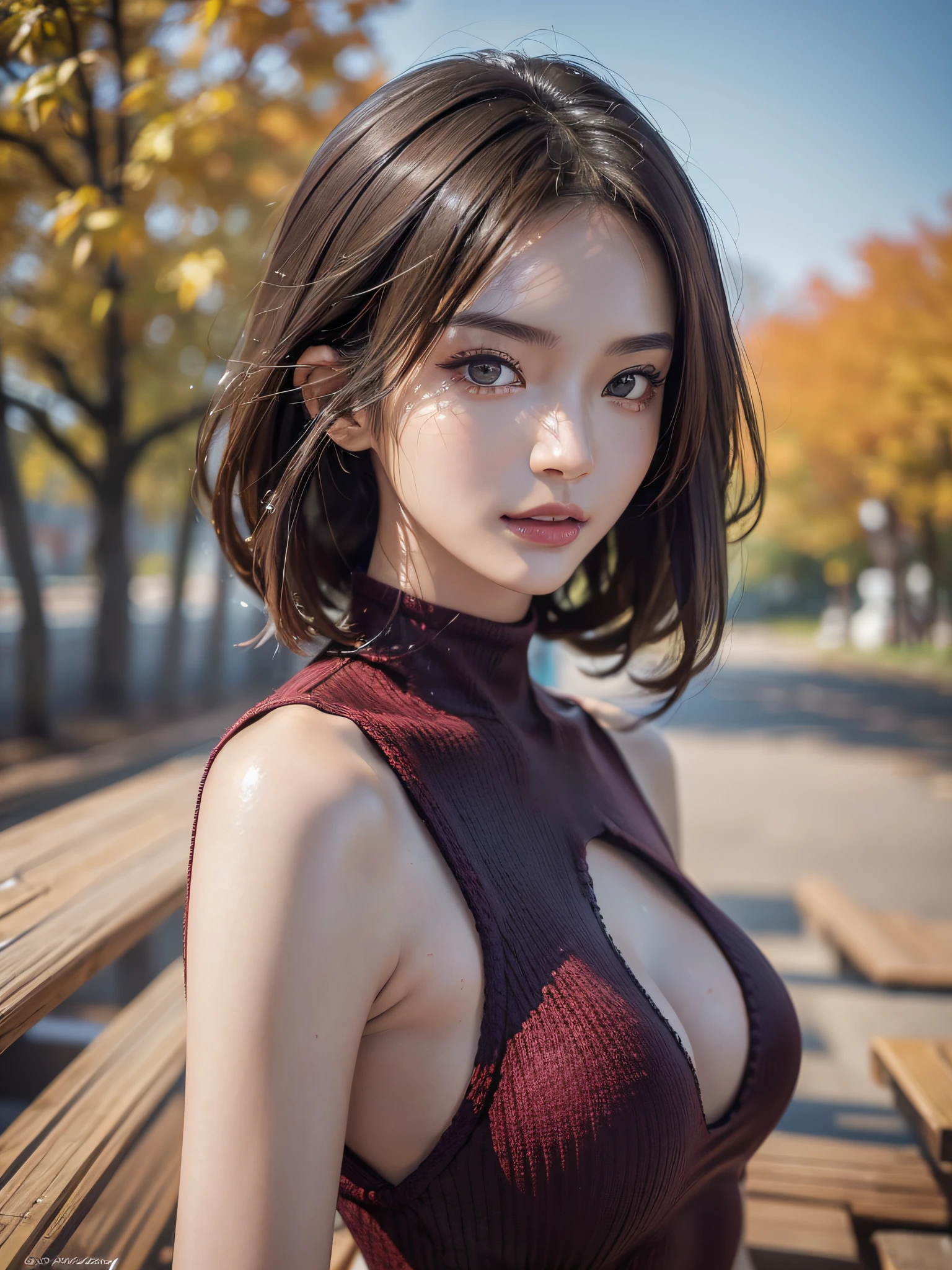 a supermodel woman , Japanese ,Knitted One Piece Dress  , skinny physique, beautiful figure, shiny skin ,detailed face, detailed eyes, lustrous lips , super detailed, subtle smile, (gorgeous, vivid colors,autumn,:1.1),medium-short dark brown hair, (best quality, masterpiece, ultra high res ,photorealistic:1.3),