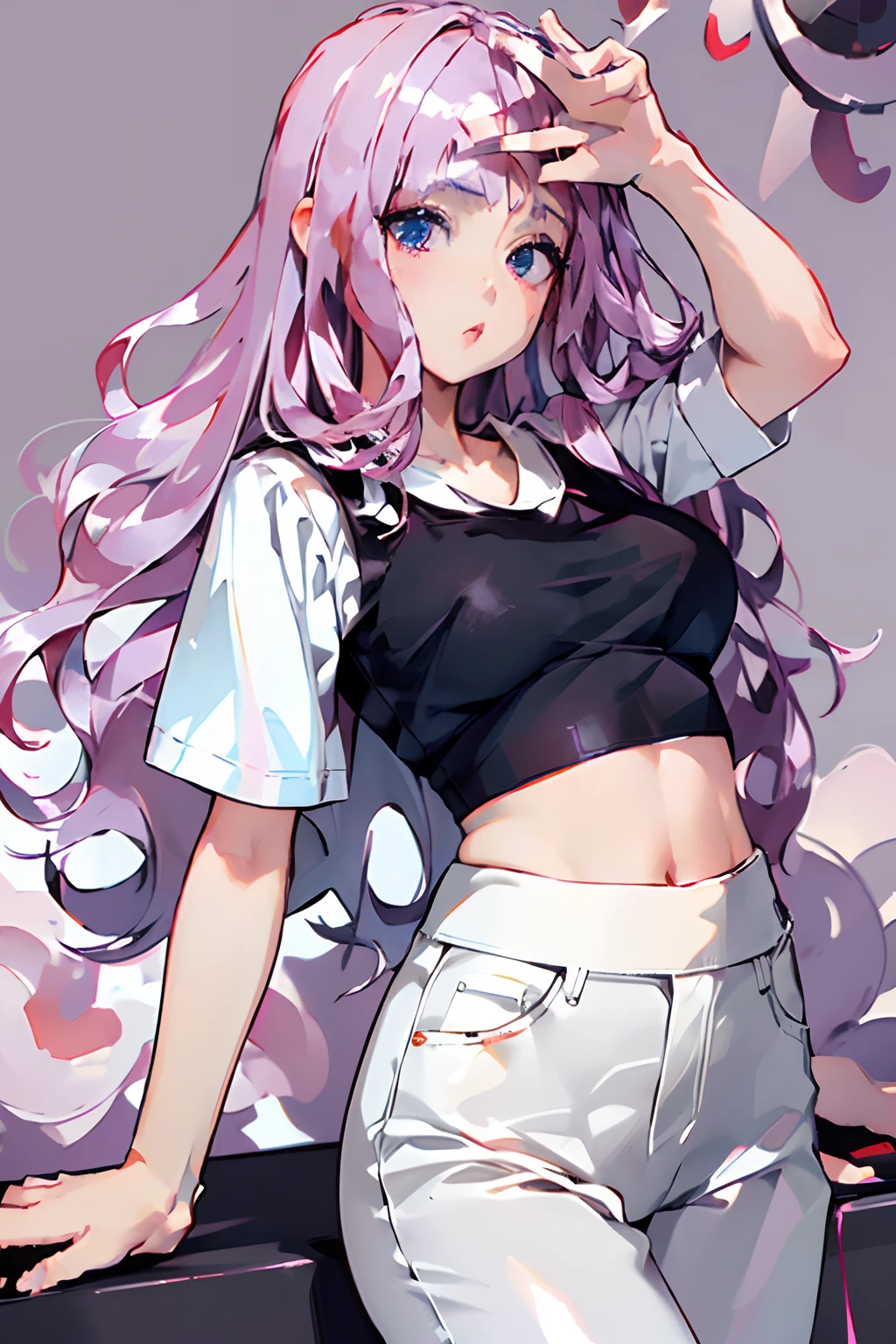 ((of the highest quality, 8K, masutepiece:1.3)), Solo, realisitic、女の子1人、Pink hair、length hair、Small black ribbon、Purple Eye、Shining eyes、(large full breasts)、White T-shirt, croptop, 、Leather pants、low angles、frontage、Basking、Hands on the buttocks