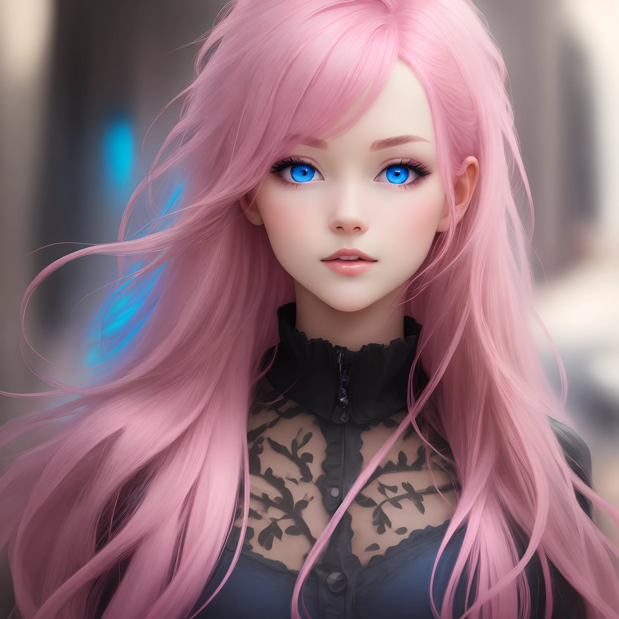 Pink hair, blue eyes