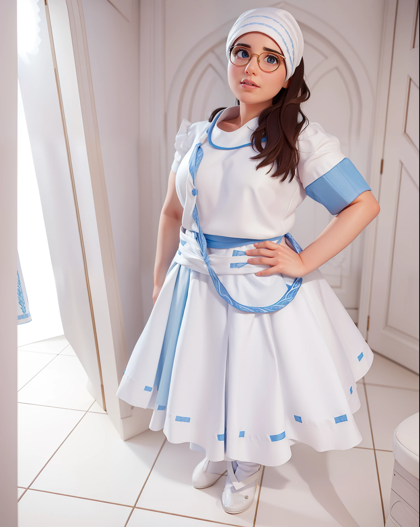 There's a woman standing in a room wearing a white headcloth, White blouse and flowing blue skirt, traje completo, White & Blue Themed