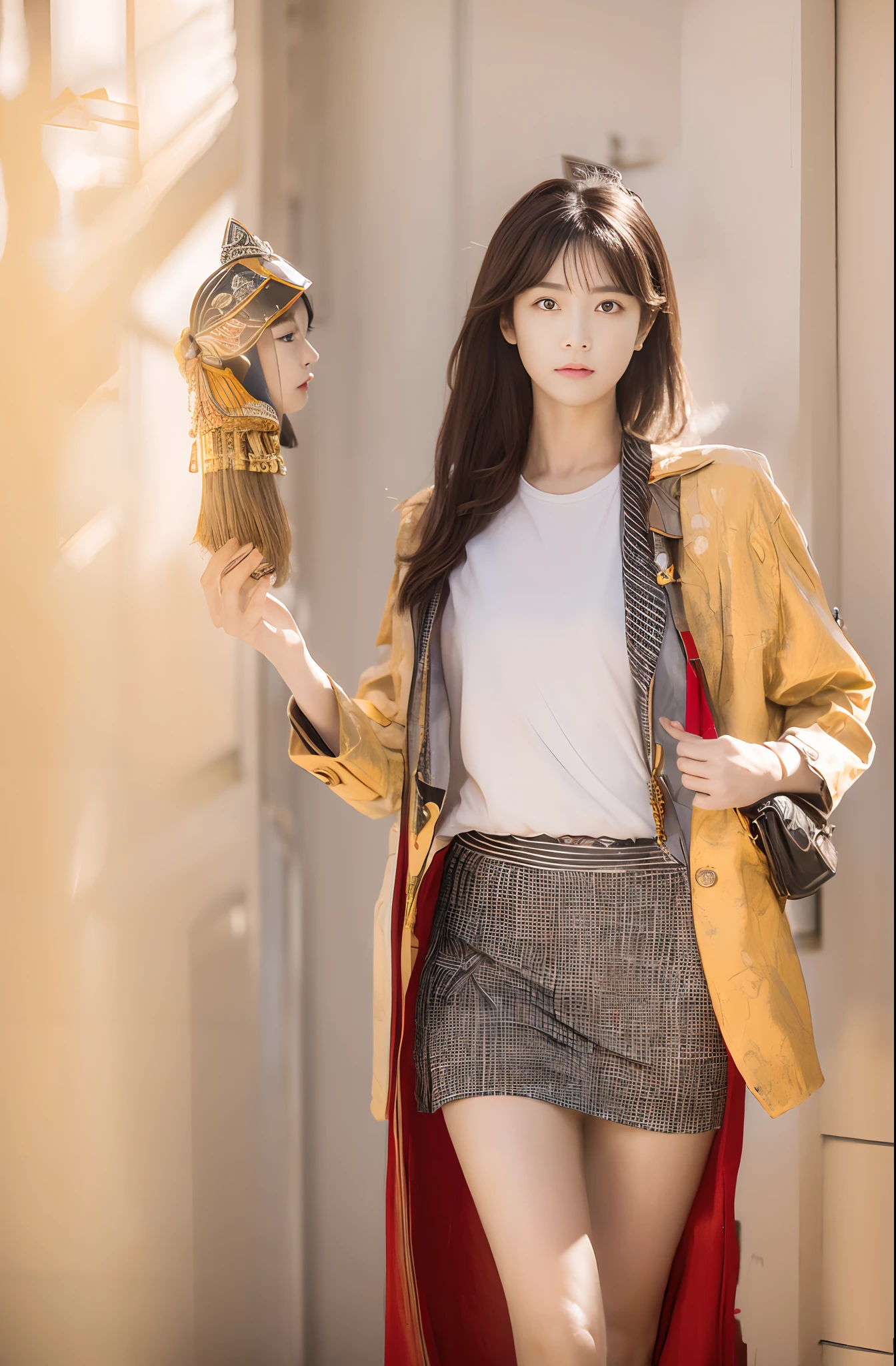Thinking of a young woman in Japan, Her posture exudes confidence and dignity, Reminiscent of the ancient Etruscan goddess Menleva. Her outfit is、The past and present are beautifully blended, An ensemble of hipsters paying homage to her divine inspiration. You might wear a chic blazer that subtly mimics the shape of a warrior's armor, Paired with a graphic t-shirt with an artistically depicting the helmet, sheild, and spears, The classic symbol of Menrva. Her hair is styled with a contemporary cut, Sleek and structured, Without compromising modern style、It gives the impression of a warrior's helmet.
Her accessories are carefully chosen: Designer bags and fashionable bags, A digital tablet that shows a love of art and wisdom, Echoes in scrolls and books related to the Goddess of Wisdom. Her gaze is intelligent and sharp, With a playful spark that hints at her creative spirit. Her youth々Contrary to appearance, She exudes an air of authority, of a goddess accustomed to command and respect「boss」A nod to the nature of the.
In her essence, This modern representation of Menleva is、、、、It's a fusion of the old and the new, Timeless Goddess Qualities、Embodied in a way that resonates with modern society.