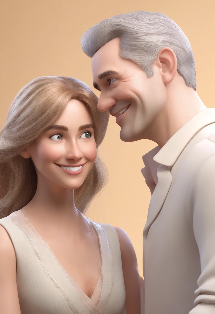 An illustration of an adorable 50-year-old couple, featured a smiling white man and a white woman with beautiful expressive eyes – the man's skin is white and the man's hair is white, while the woman's skin is white and the woman's hair is straight with white streaks. They are a bright room, each with a smile on their face, holding the image of a Saint and sharing a special moment characterized by love, Insights. Illustrate this scene from a perspective where they are facing the camera, smiling and showing their connection. Develop this art in Full HD, Focus on your cinematic touch, Disney Pixar Animations style