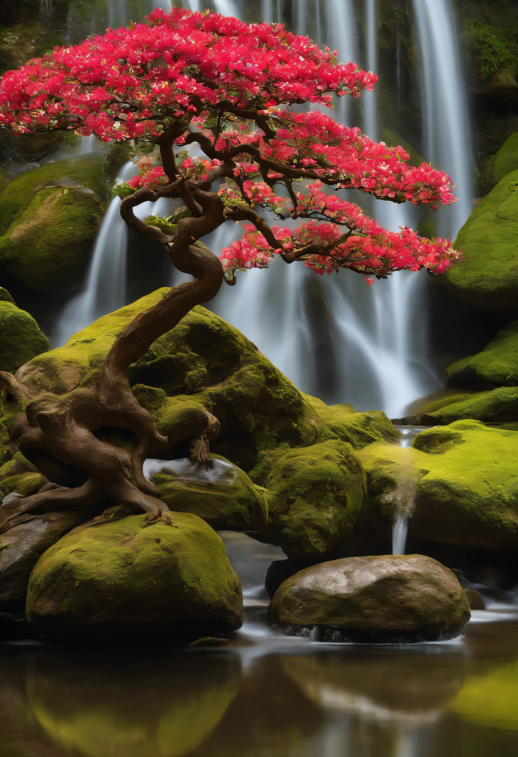 Por favor, crie uma imagem de um bonsai no estilo bunjing em um ambiente natural com uma cachoeira e uma pedra. The main focus of the image should be the bonsai tree, que deve estar repleta de flores coloridas, criando uma cena vibrante e cheia de vida. Certifique-se de que o estilo de pintura realce a vivacidade das cores e a beleza das flores do bonsai. A cachoeira e a pedra devem estar presentes para compor a cena, mas em segundo plano, so as not to distract from the splendour of the tree. A imagem deve transmitir a serenidade da cena, With the tree in full bloom and the water from the waterfall flowing gently. Feel free to add additional details, such as reflections in the water or elements of the surrounding nature, to create a visually stunning representation of bonsai in its natural environment