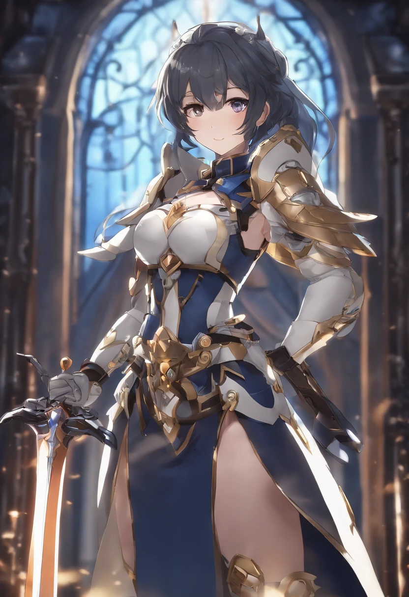 anime character with sword and armor in a dark room, Ayaka Genshin impact, symphogear, Mechanized Valkyrie girl, ayaka game genshin impact, gear aurora, A scene from the《azur lane》videogame, Katana Zero video game character, 《Ghost Wind Special Assault Team》The art of pixels, azur lane style, battroid mode, with huge rpg