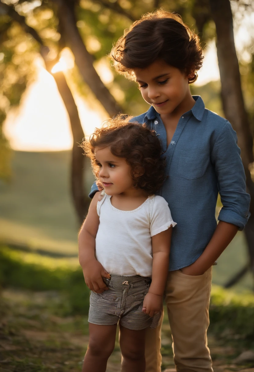 menino: Miguel, aproximadamente 5 anos de idade, cabelo curto estilo Disney, olhos castanhos e sorrisos. garota: Giovana, 2 anos, longos cabelos pretos e olhos azuis. scenecy: Miguel and Giovana are in a cozy little house in the valley, ao fundo um dia ensolarado, Destacando o Sol.