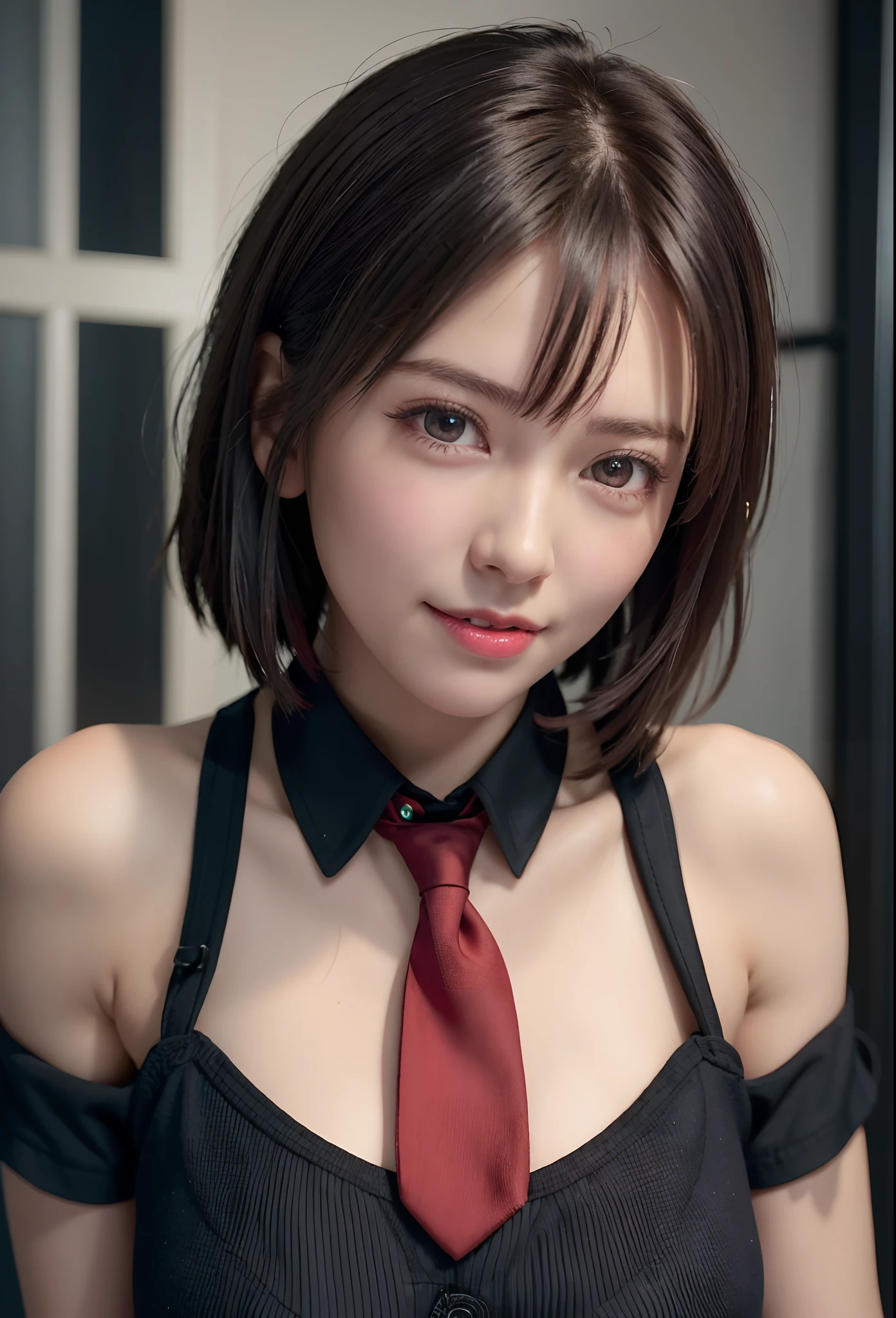 top-quality、8K Masterpiece、超A high resolution、(Photorealsitic:1.3)、Raw photo、女の子1人、Short Bob Hair、Wolfcut、glowy skin、((super realistic details))、portlate、globalillumination、Shadow、octan render、8K、ultrasharp、beauty breast、cold color、、highly intricate detail、Realistic light、CGSoation Trends、Beautiful eyes、radiant eyes、Facing the camera、neon details、((Black shirt))、((red necktie)),ssmile,ssmile