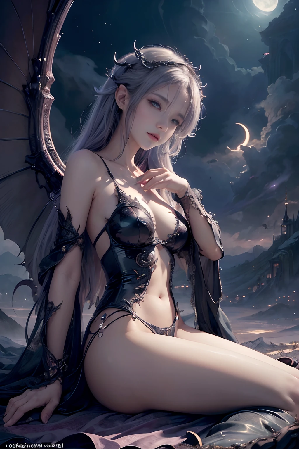 ((best quality)), ((masterpiece)), (detailed), alluring succubus, ethereal beauty, perched on a cloud, (fantasy illustration:1.3), enchanting gaze, captivating pose, delicate wings, otherworldly charm, mystical sky, (Luis Royo:1.2), (Yoshitaka Amano:1.1), moonlit night, soft colors, (detailed cloudscape:1.3), (high-resolution:1.2)