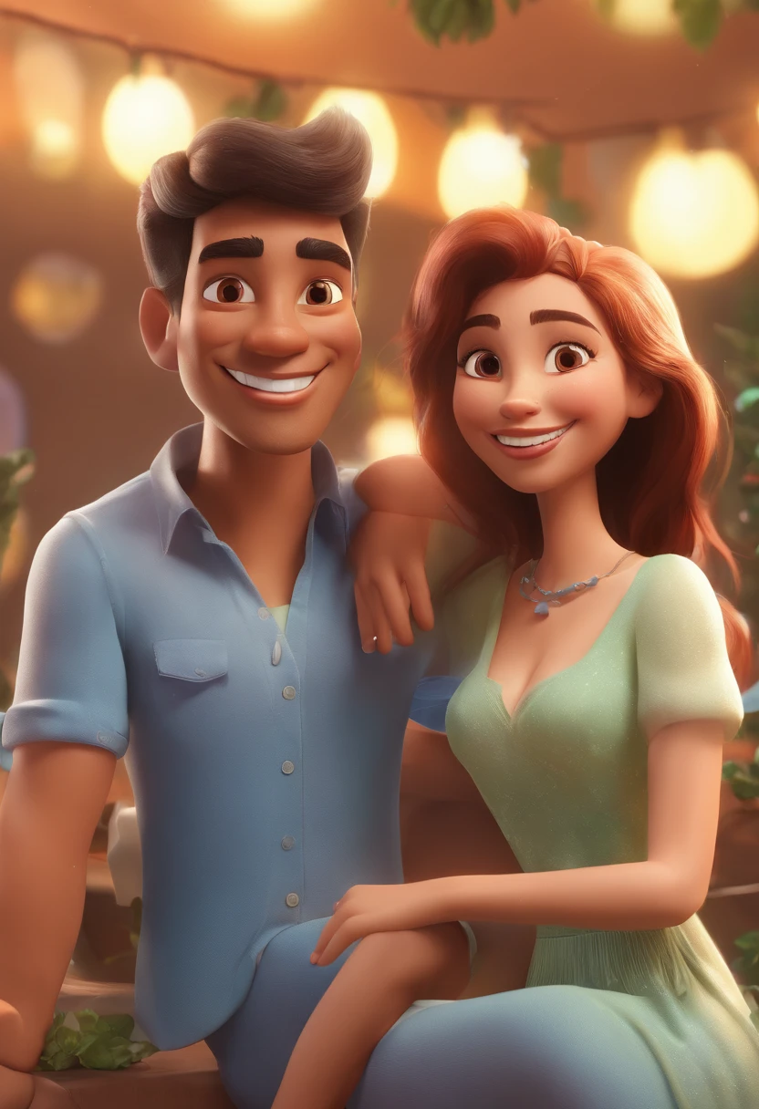 An illustration of an adorable 50-year-old couple, Featuring a smiling brown-skinned man and a brunette woman with beautiful expressive eyes – the man's skin is brown and the man's hair is gray, while the woman's skin is mulatto and the woman's hair is straight and gray. They are a bright room, cada um com um sorriso no rosto, os dois segurando a imagem de um santo e compartilhando um momento especial caracterizado pelo amor, Insights. Illustrate this scene from a perspective where they are facing the camera, Smiling and Showing Your Connection. Desenvolva esta arte em Full HD, Focus on your cinematic touch, Estilo Disney Pixar Animations