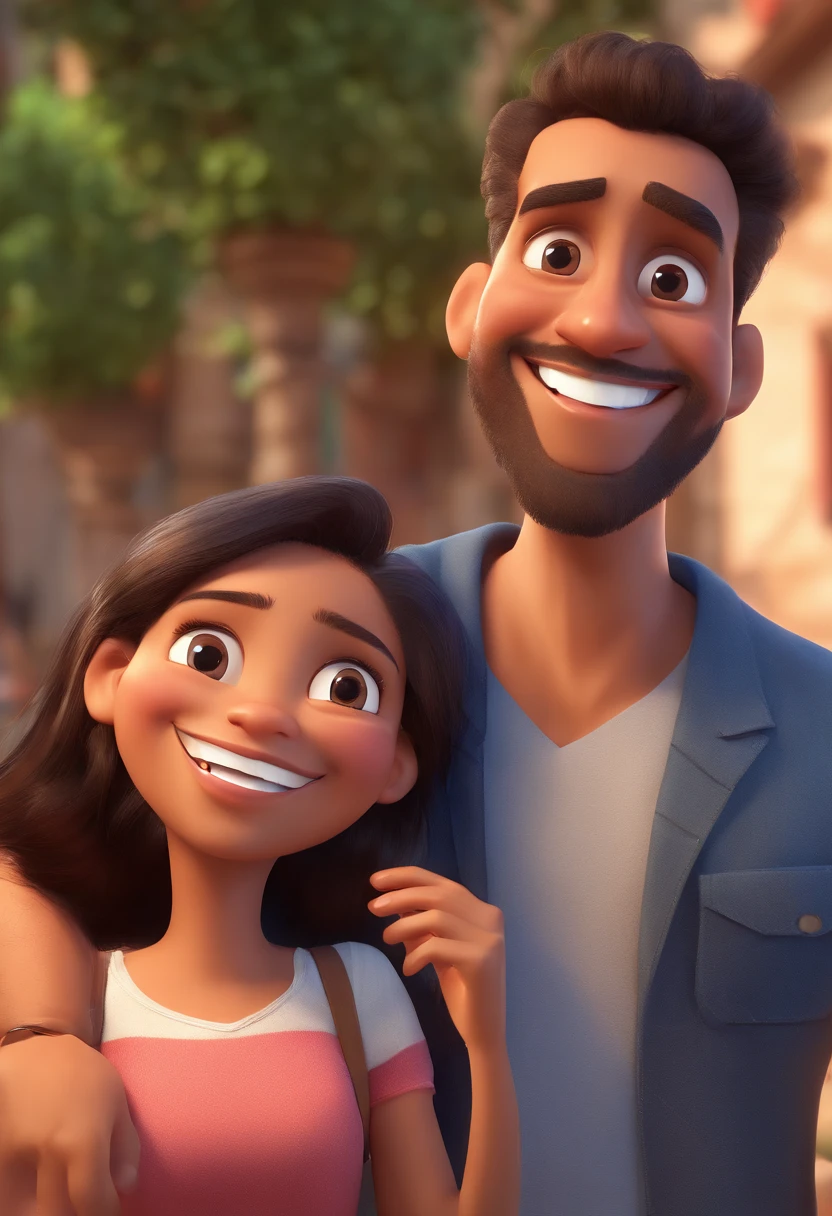 An illustration of an adorable 50-year-old couple, Featuring a smiling brown-skinned man and a brunette woman with beautiful expressive eyes – the man's skin is brown and the man's hair is gray, while the woman's skin is mulatto and the woman's hair is straight and gray. They are a bright room, cada um com um sorriso no rosto, os dois segurando a imagem de um santo e compartilhando um momento especial caracterizado pelo amor, Insights. Illustrate this scene from a perspective where they are facing the camera, Smiling and Showing Your Connection. Desenvolva esta arte em Full HD, Focus on your cinematic touch, Estilo Disney Pixar Animations