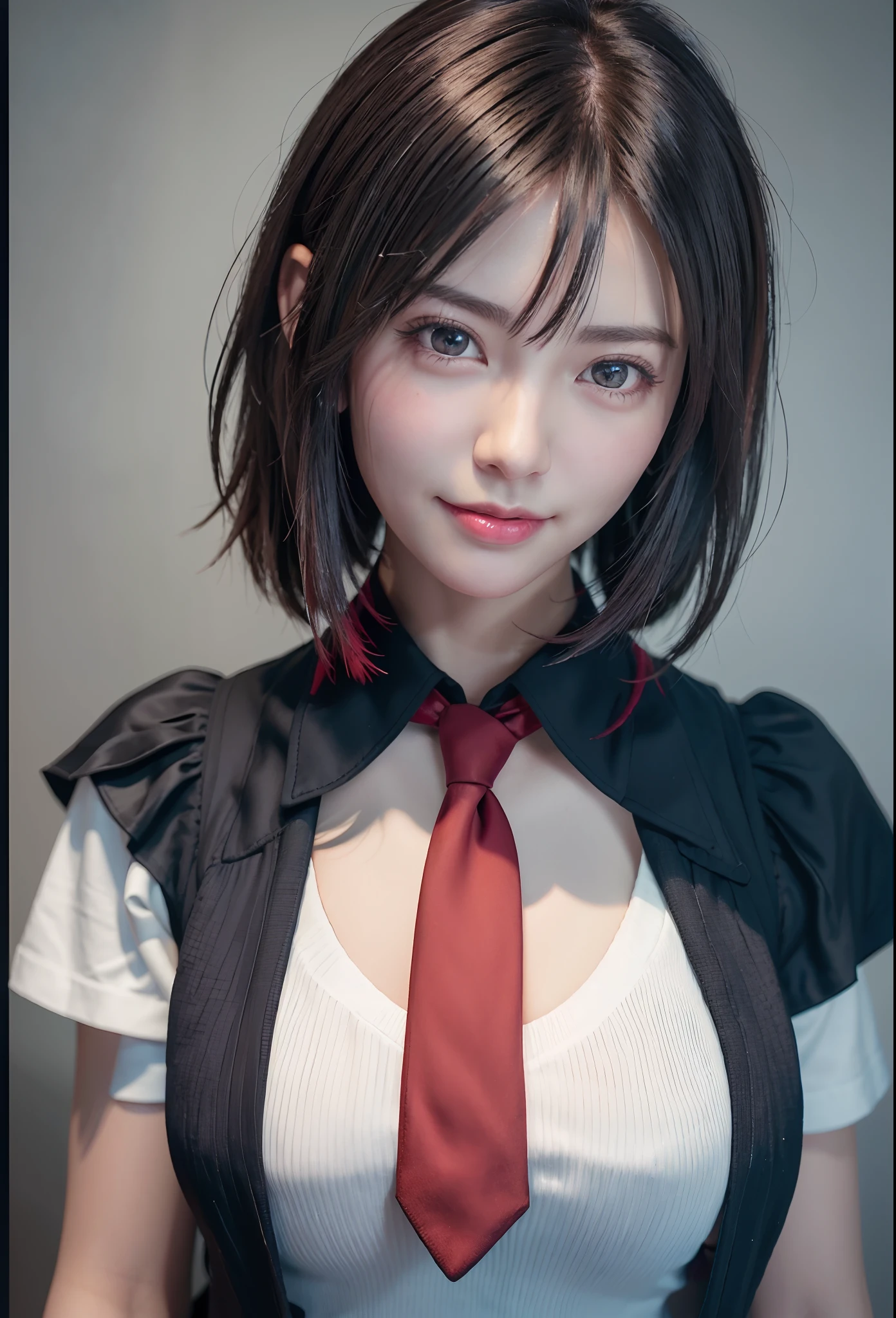 top-quality、8K Masterpiece、超A high resolution、(Photorealsitic:1.3)、Raw photo、女の子1人、Short Bob Hair、Wolfcut、glowy skin、((super realistic details))、portlate、globalillumination、Shadow、octan render、8K、ultrasharp、beauty breast、cold color、、highly intricate detail、Realistic light、CGSoation Trends、Beautiful eyes、radiant eyes、Facing the camera、neon details、((Black shirt))、((red necktie)),ssmile,ssmile