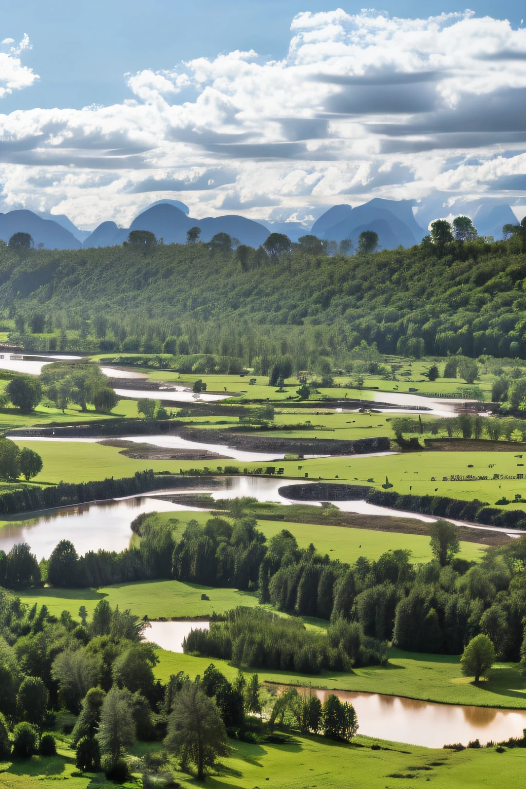 Monochromatic white landcape, isometric, forest, lush landscape, buffalo, trees, rivers, clouds, mountains, hills, valleys, no people, no sand, no desert, no buildings, no roads.