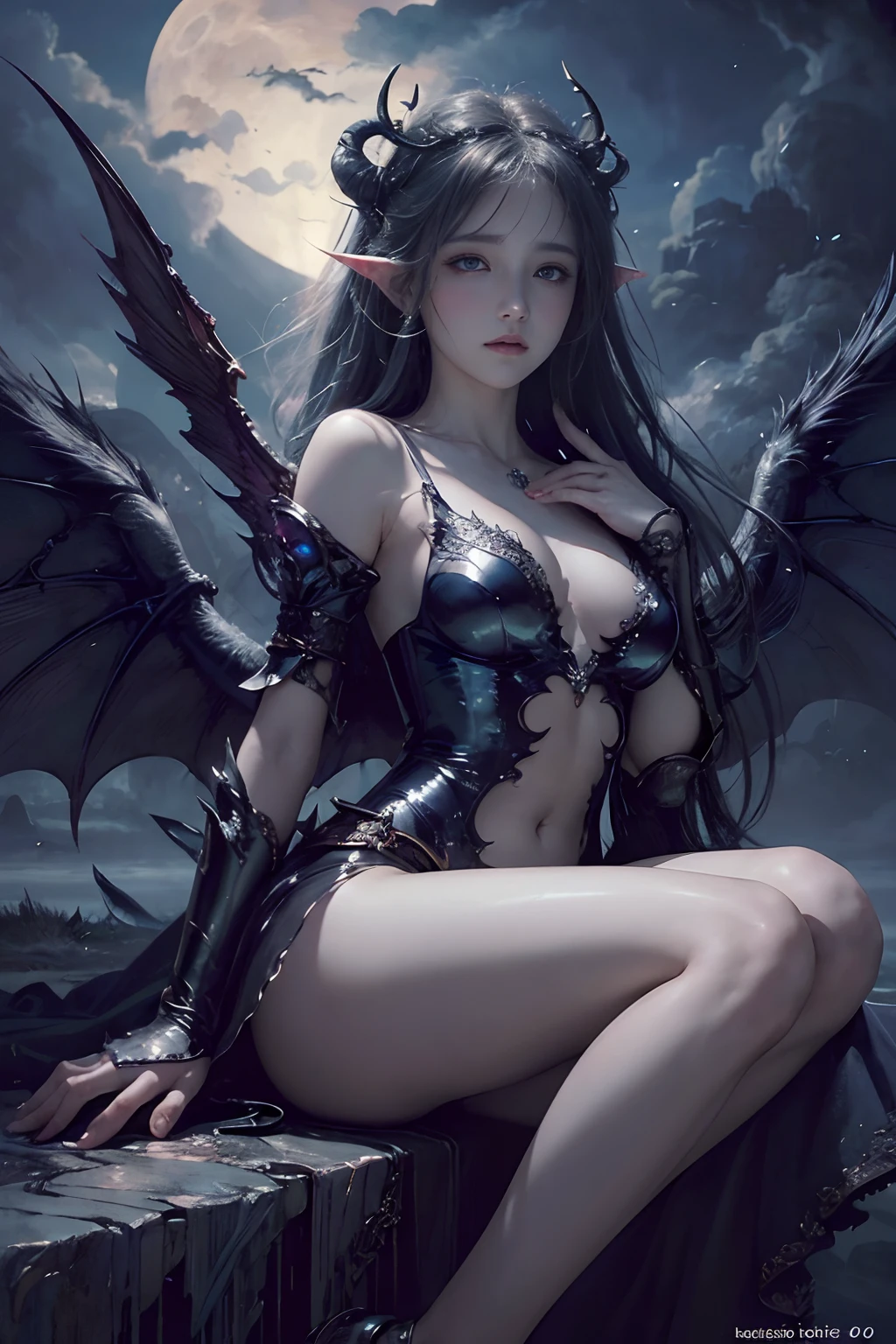 ((best quality)), ((masterpiece)), (detailed), alluring succubus, ethereal beauty, perched on a cloud, (fantasy illustration:1.3), enchanting gaze, captivating pose, delicate wings, otherworldly charm, mystical sky, (Luis Royo:1.2), (Yoshitaka Amano:1.1), moonlit night, soft colors, (detailed cloudscape:1.3), (high-resolution:1.2)
