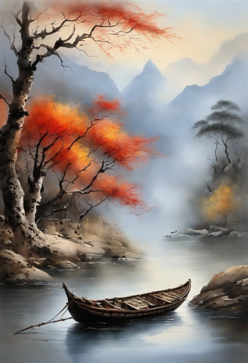 Chinese landscape painting,ink and watercolor painting,water ink,ink,Smudge,Faraway view,Ultra-wide viewing angle,Meticulous,Light boat in the distance,Faraway view,Meticulous,Smudge,low-saturation,Low contrast,The light boat has crossed the Ten Thousand Heavy Mountains,Beautifully depicted,A detailed,acurate,Works of masters,tmasterpiece
