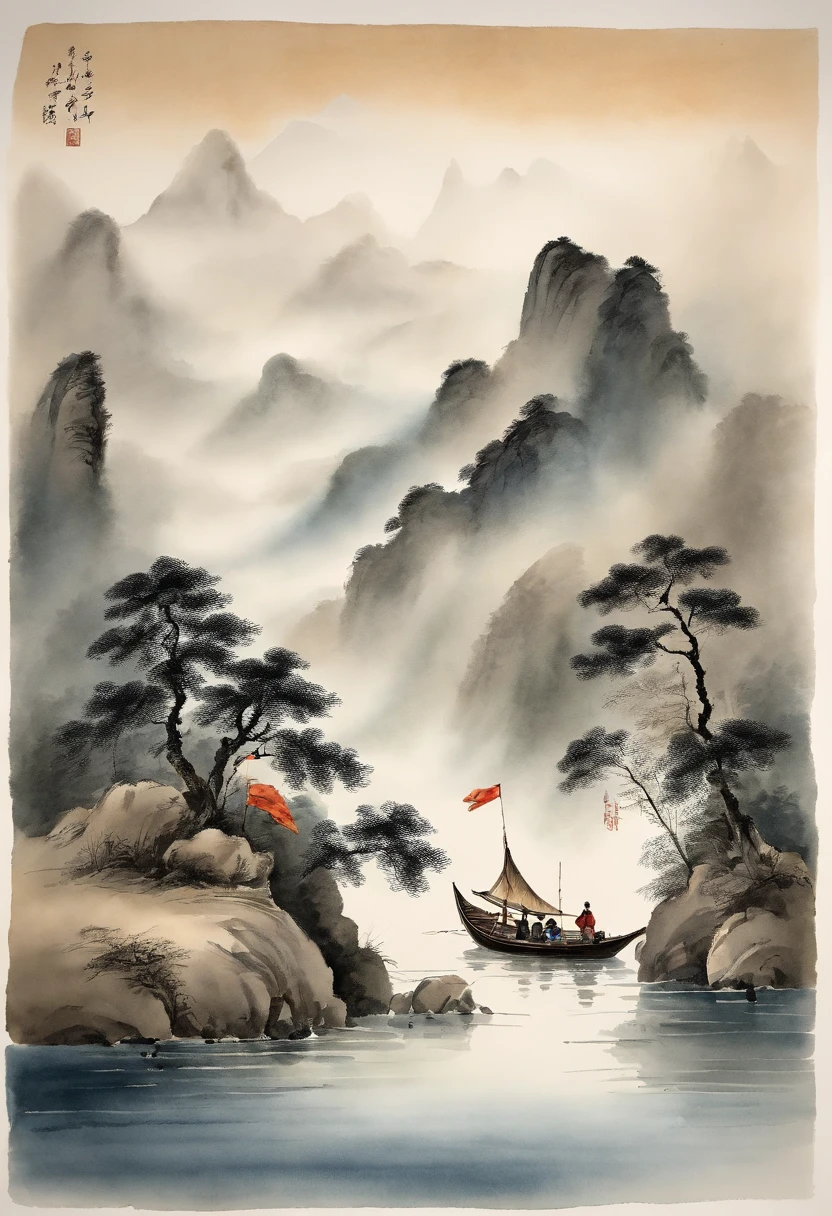 Chinese landscape painting，ink and watercolor painting，water ink，ink，Smudge，Faraway view，Ultra-wide viewing angle，Meticulous，Light boat in the distance，Faraway view，Meticulous，Smudge，low-saturation，Low contrast，The light boat has crossed the Ten Thousand Heavy Mountains，Beautifully depicted，A detailed，acurate，Works of masters，tmasterpiece