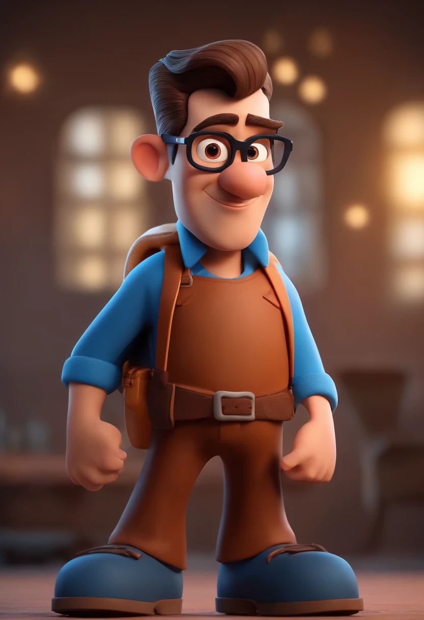 Cartoon character of a brunette man with black glasses and a blue shirt,de cavanhaque olhos pretos,animation character, Caractere estilizado, animation style rendering, 3D estilizado, Arnold Maya render, 3 d render stylized, toon render keyshot, Personagem 3D, Personagem 3D, 3d rendering stylized, 3 d character render, personagem de desenho animado, Personagem de close up, Pose de personagem, (Estilo Pixar) (master part:1.2) (Bokeh) (best quality) (pele detalhada) (textura detalhada) (8k) (argila) (Cinematic lighting) (foco nítido