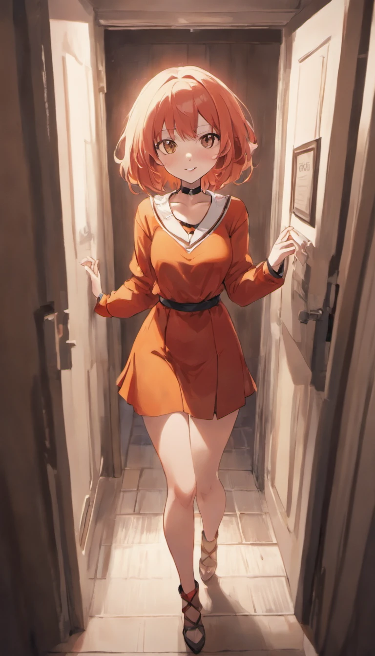 a girl who is a roommate, wearing a chokers and smile seductively as she opened the door to her apartment with flirty smile and sexy clothes