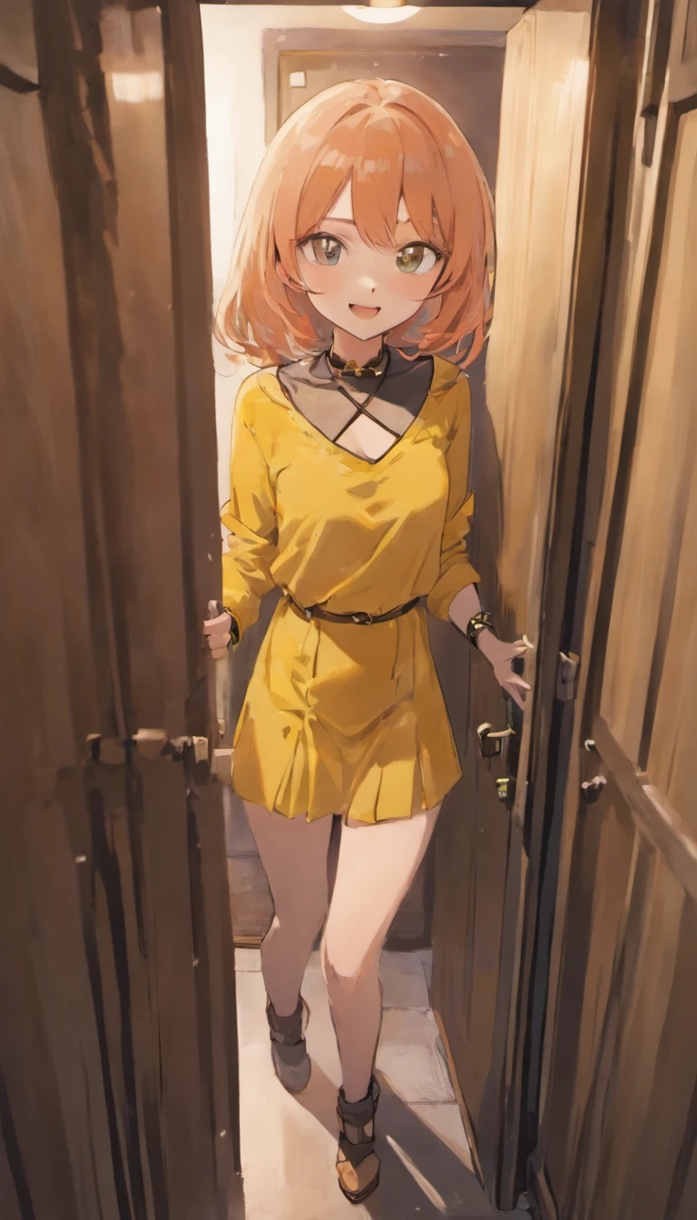 a girl who is a roommate, wearing a chokers and smile seductively as she opened the door to her apartment with flirty smile and sexy clothes