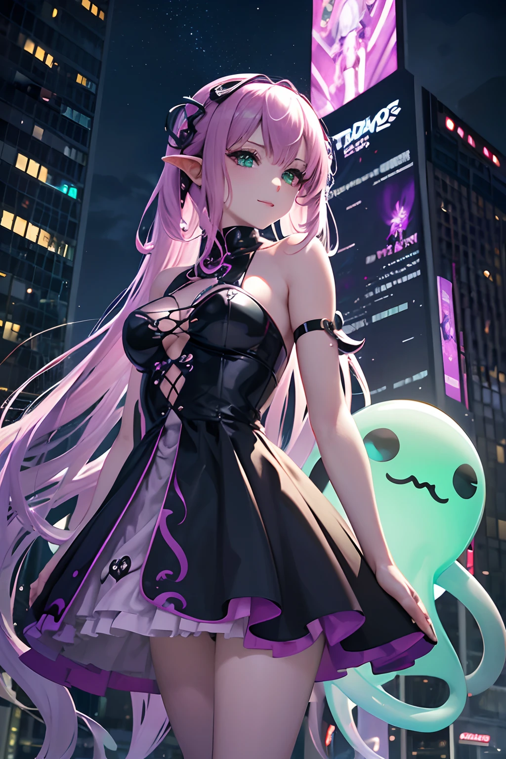 create a gothic fairy magical misty medieval style with floating bubbly anime smily ghosts all over the place version of A photo of Times Square showcasing a massive billboard mural adorned with vibrant rainbow NYC-style graffiti. Underneath the billboard is a radiant ANIME Cybergirl with a ghostly android face, monotonous expression, and a confident demeanor. Attached to a building is a huge pink, jelly-like octopus creature with demonic tentacles connected via a cybernetic implant. On the opposite side, a gigantic purple and green demonic ghost-like entity rises from the ground, surrounded by numerous green tentacles and shimmering sparkles. Taken on: Wide-angle lens, early evening lighting, Canon EOS R5.