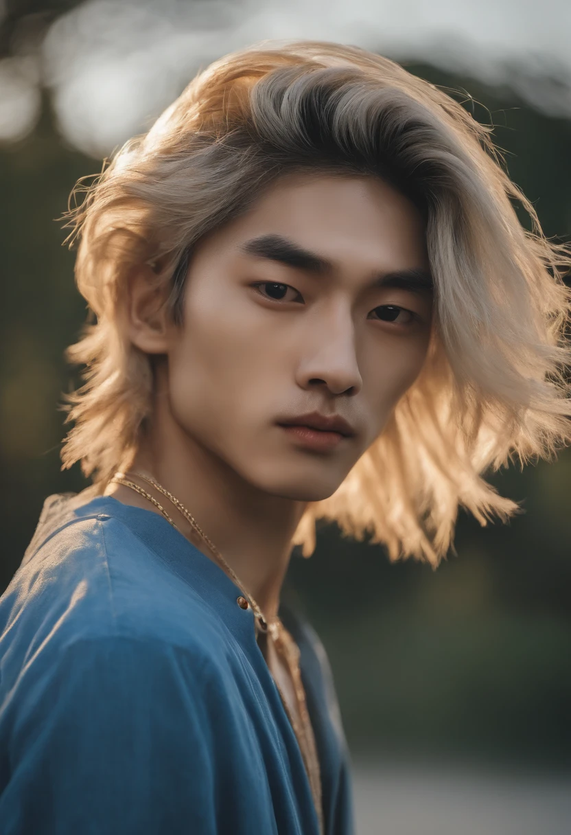 emaciated,Tao,Social terror,Sunny and introverted,long whitr hair,the setting sun,Blue shirt