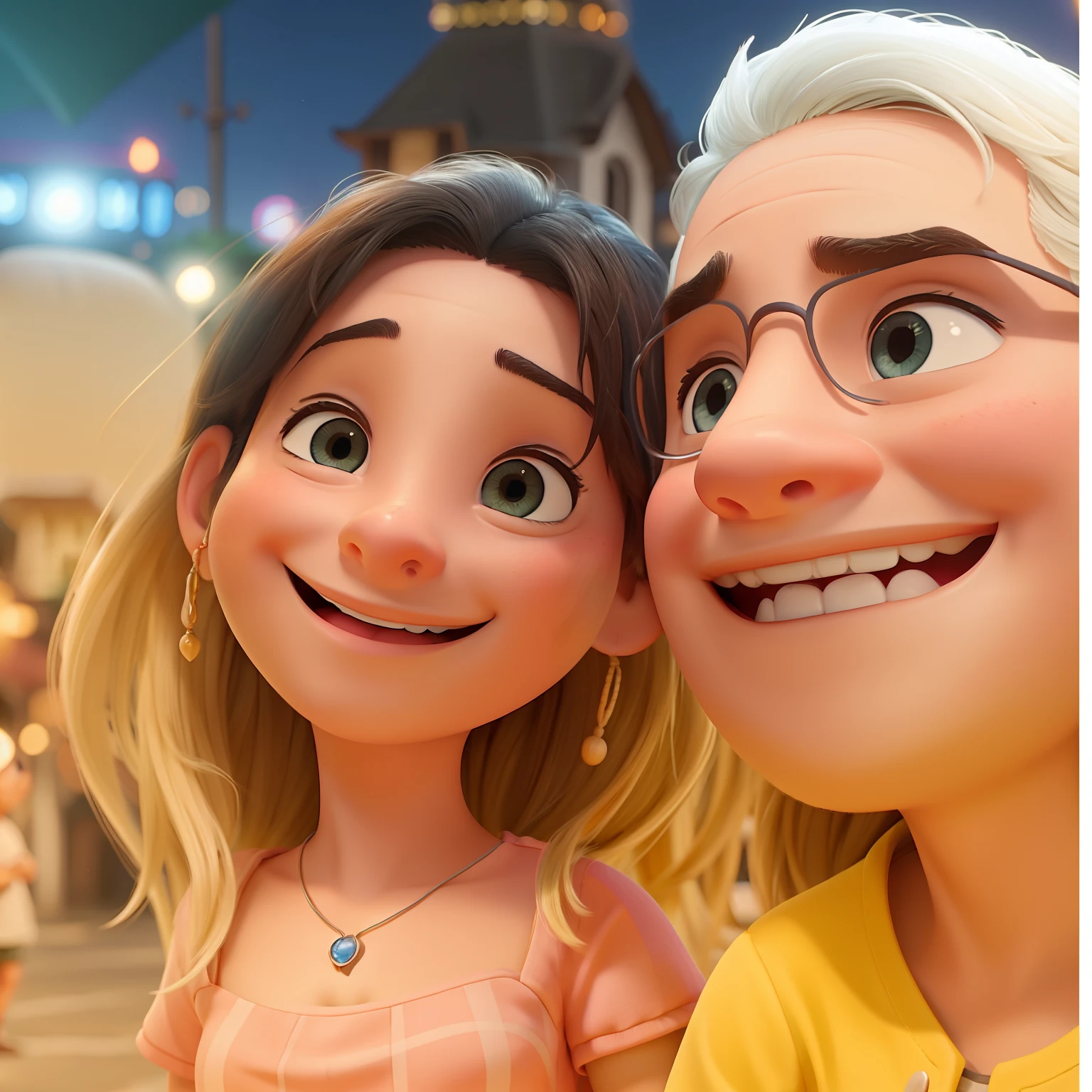 Uma imagem premiada de um casal jovem sorrindo, in a square at night, in the style of Pixar animations, soft lighting