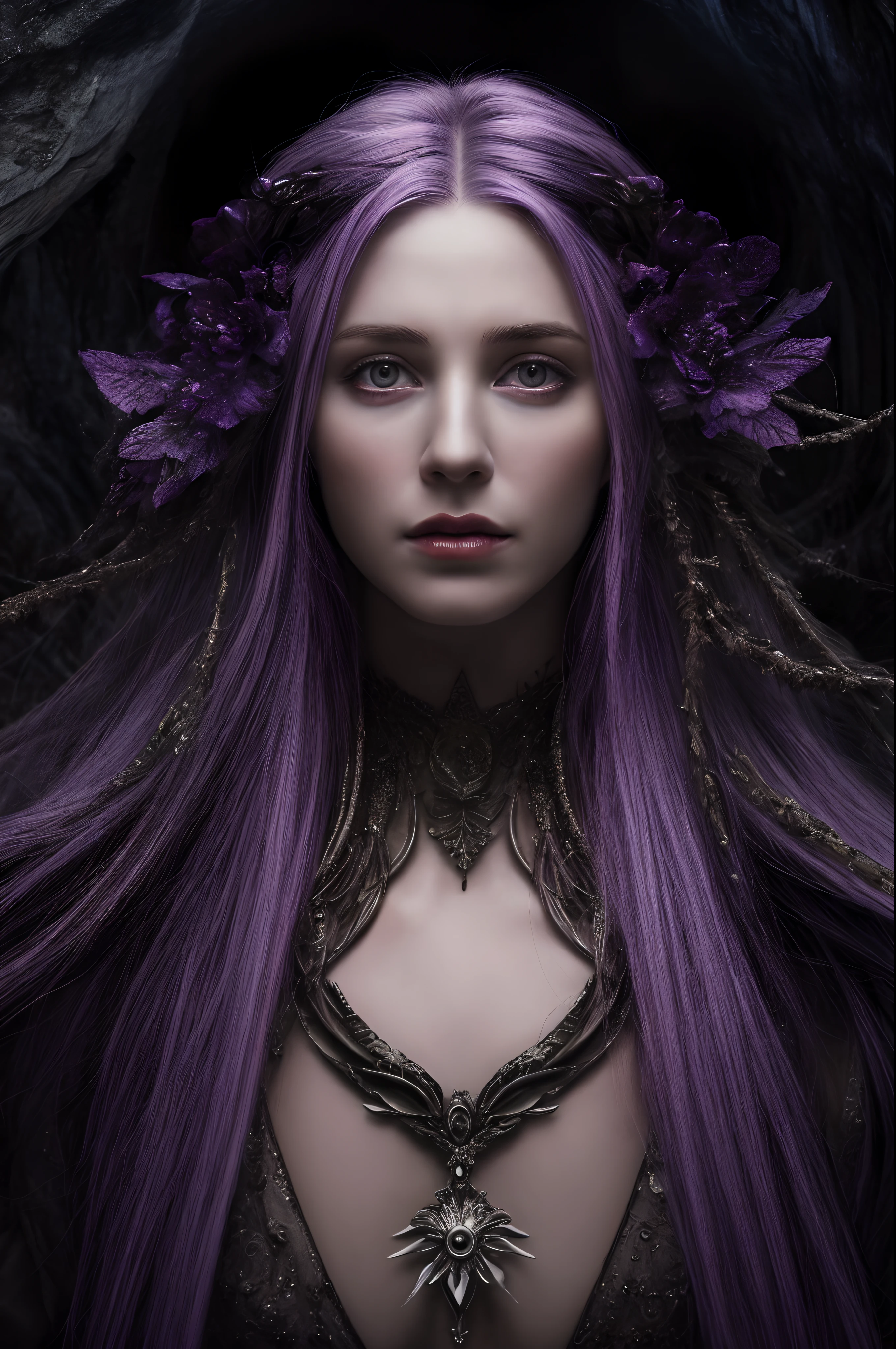 Realistic, Photorealistic, Masterpiece, RAW photo, full-length portrait, Beautiful Alien Woman With Lots Of Purple Hair, On a distant fantasy planet, Cosmic landscape, Cute sexy, realistic face and eyes, Highly detailed, (darkness: 1.6), dinamic composition, scifi aesthetic, Fantasy Aura, Unearthly vegetation, HDR, intricate details, hyper-detailing, Author: Giger, Cinematic, Depth of field, rim light