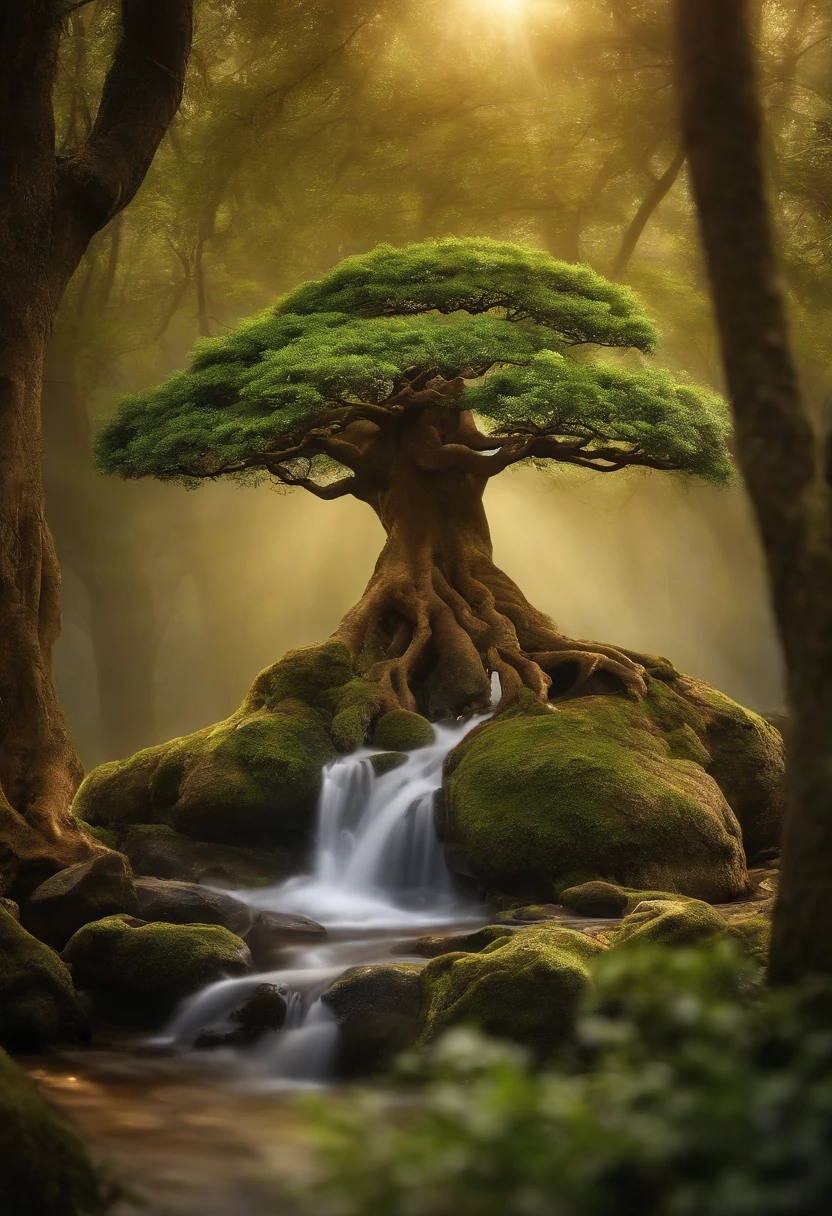 Por favor, Create an image of a bunjing-style bonsai in a fantastical and magical environment. The main focus of the image should be the bonsai tree, que deve estar repleta de flores coloridas e com um aspecto ainda mais deslumbrante e encantador. The scenery around the tree should be truly magical, with the presence of mystical creatures, like fairies or spirits of the forest, that interact harmoniously with the tree. Elementos adicionais, como florestas encantadas, Magic Rays of Light, or even small details that refer to a fairytale world, should be included to create a truly fantastic environment. A imagem deve transmitir um senso de maravilha e magia, With the tree as the center of all this magical beauty. Feel free to explore your creativity and add charming details that make the image captivating and stunning