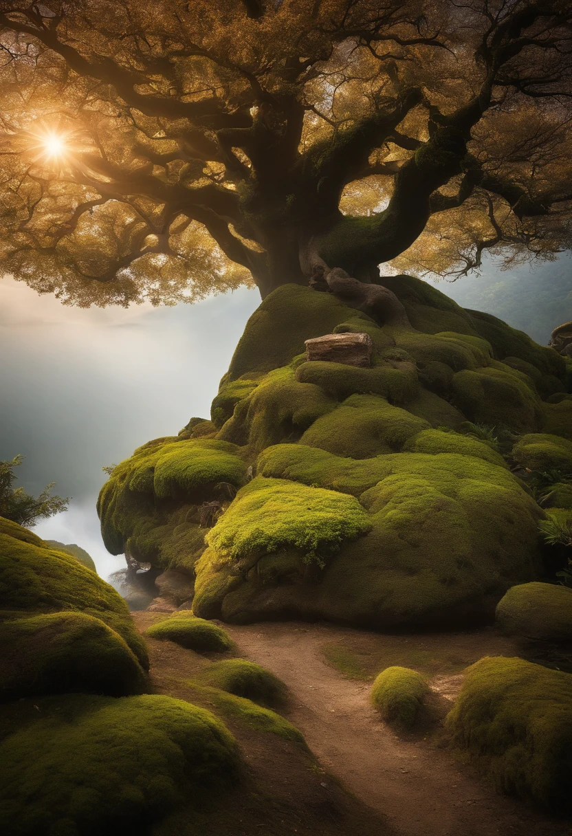 Por favor, Create an image of a bunjing-style bonsai in a fantastical and magical environment. The main focus of the image should be the bonsai tree, que deve estar repleta de flores coloridas e com um aspecto ainda mais deslumbrante e encantador. The scenery around the tree should be truly magical, with the presence of mystical creatures, like fairies or spirits of the forest, that interact harmoniously with the tree. Elementos adicionais, como florestas encantadas, Magic Rays of Light, or even small details that refer to a fairytale world, should be included to create a truly fantastic environment. A imagem deve transmitir um senso de maravilha e magia, With the tree as the center of all this magical beauty. Feel free to explore your creativity and add charming details that make the image captivating and stunning