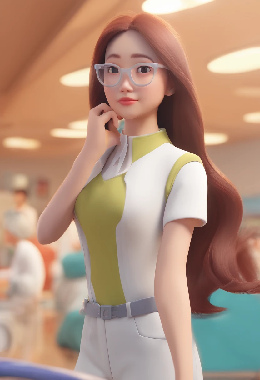 Pixar style image with 3D character white glasses asian woman long straight hair in a hospital, Maquiagem Disney,vestida com um jaleco branco,sorridente ,Close-up, Pixar, Disney, Cinema lighting,