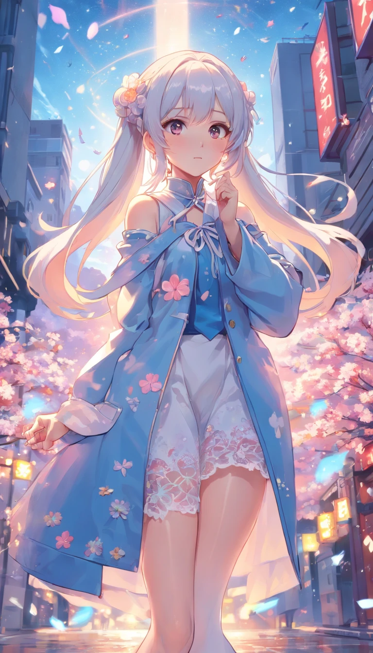 Q version,bit girl,Elaborate Eyes,largeeyes。Dynamic Angle, ((Pose all over the body:1.5), (Colorful:1.2), (Extremely detailed CG Unity 16k wallpaper:1.1), (Noise Removal Strength: 1.45), (tmasterpiece:1.37), ((offcial art)), (Colorful:1.2), (Bare shoulders:0.85), ((terrazzo, Starry sky, (( 8K wallpaper)), Starry background, Ultra detailed, Beautiful and aesthetic, Beautiful, ultraclear, Best quality)), 1girll, (in clouds of smoke:1.1), (Dynamic smoke is everywhere:1.4), (1 Chinese pattern in the middle of the girl's forehead),White with a double ponytail,Rounded bun heads on both sides,Double ponytails come out of the round bun,The bangs on the right have braids,A girl with a weak temperament, (epic cinematic), Soft natural light, rim-light, Absurd, Amazing, Funny, 复杂, ultra - detailed, Pink flowers, White, Pink flowers, Full-body image, Shen Lixin, ((Lace-up thigh boots)), full bodyesbian, Blunt bangs, a white long skirt,Printed with purple flowers and a blue veil adorned coat, (( brownfootwear)), White long sleeves, cross-laced footwear, side locks, Pale yellow hat, Red print white pantyhose, Yellow and blue flowers, Ayaka Kamisato, (Besis heroin), Slim, Ul, pastelcolor, god light, Sparkle, Glowing light, ((Masterpiece)), ((Best quality)), Masterpiece, Best quality, hyper HD, Award-Awarded,Long white hair