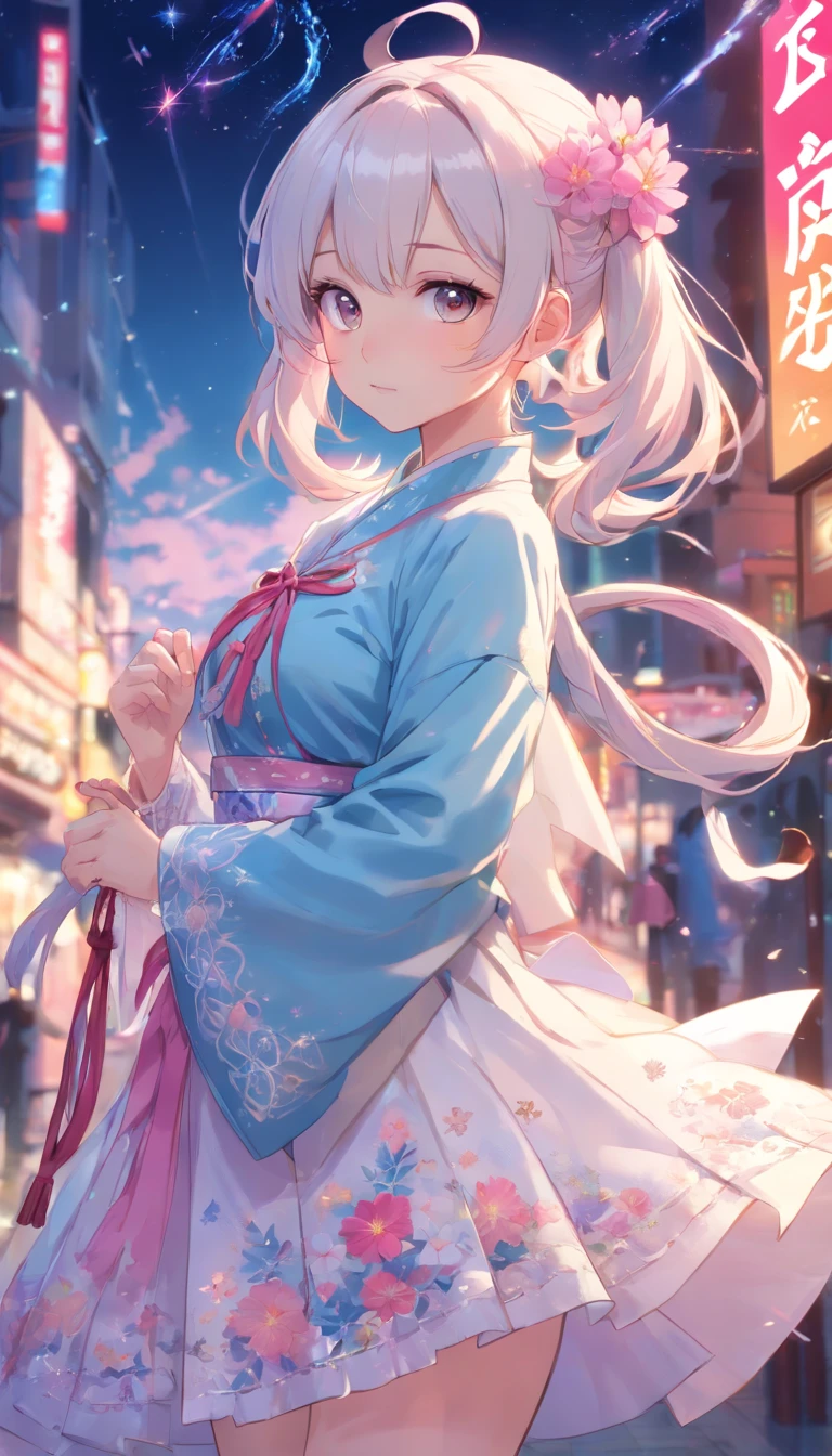 Q version，bit girl，Elaborate Eyes，largeeyes。Dynamic Angle, ((Pose all over the body:1.5), (Colorful:1.2), (Extremely detailed CG Unity 16k wallpaper:1.1), (Noise Removal Strength: 1.45), (tmasterpiece:1.37), ((offcial art)), (Colorful:1.2), (Bare shoulders:0.85), ((terrazzo, Starry sky, (( 8K wallpaper)), Starry background, Ultra detailed, Beautiful and aesthetic, Beautiful, ultraclear, Best quality)), 1girll, (in clouds of smoke:1.1), (Dynamic smoke is everywhere:1.4), (1 Chinese pattern in the middle of the girl's forehead),White with a double ponytail，Rounded bun heads on both sides，Double ponytails come out of the round bun，The bangs on the right have braids，A girl with a weak temperament, (epic cinematic), Soft natural light, rim-light, Absurd, Amazing, Funny, 复杂, ultra - detailed, Pink flowers, White, Pink flowers, Full-body image, Shen Lixin, ((Lace-up thigh boots)), full bodyesbian, Blunt bangs, a white long skirt，Printed with purple flowers and a blue veil adorned coat, (( brownfootwear)), White long sleeves, cross-laced footwear, side locks, Pale yellow hat, Red print white pantyhose, Yellow and blue flowers, Ayaka Kamisato, (Besis heroin), Slim, Ul, pastelcolor, god light, Sparkle, Glowing light, ((Masterpiece)), ((Best quality)), Masterpiece, Best quality, hyper HD, Award-Awarded，Long white hair