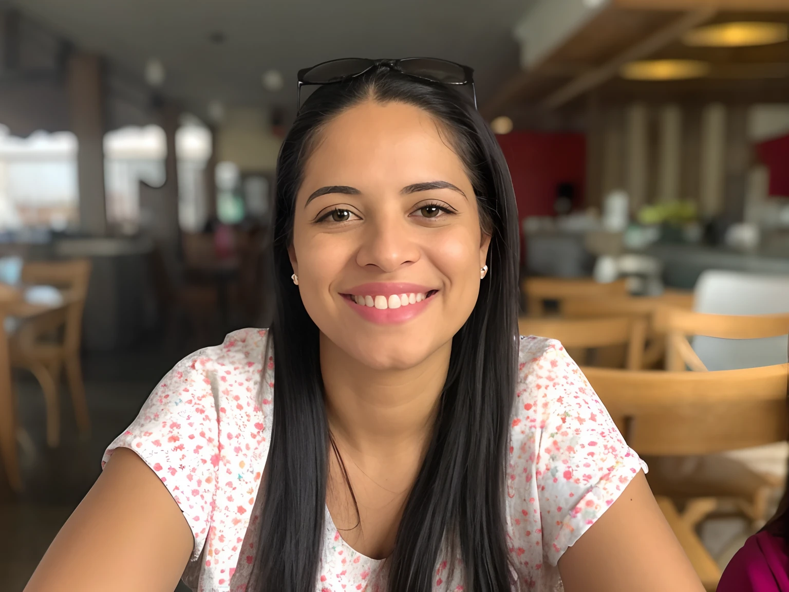 smiling woman sitting at a table with a plate of food, malika favre, 30-year-old woman from cuba, alanis guillen, imane anys, andrea rocha, fernanda suarez, icaro carvalho, aida muluneh, looks like fabiula nascimento, photo of a black woman, julia fuentes