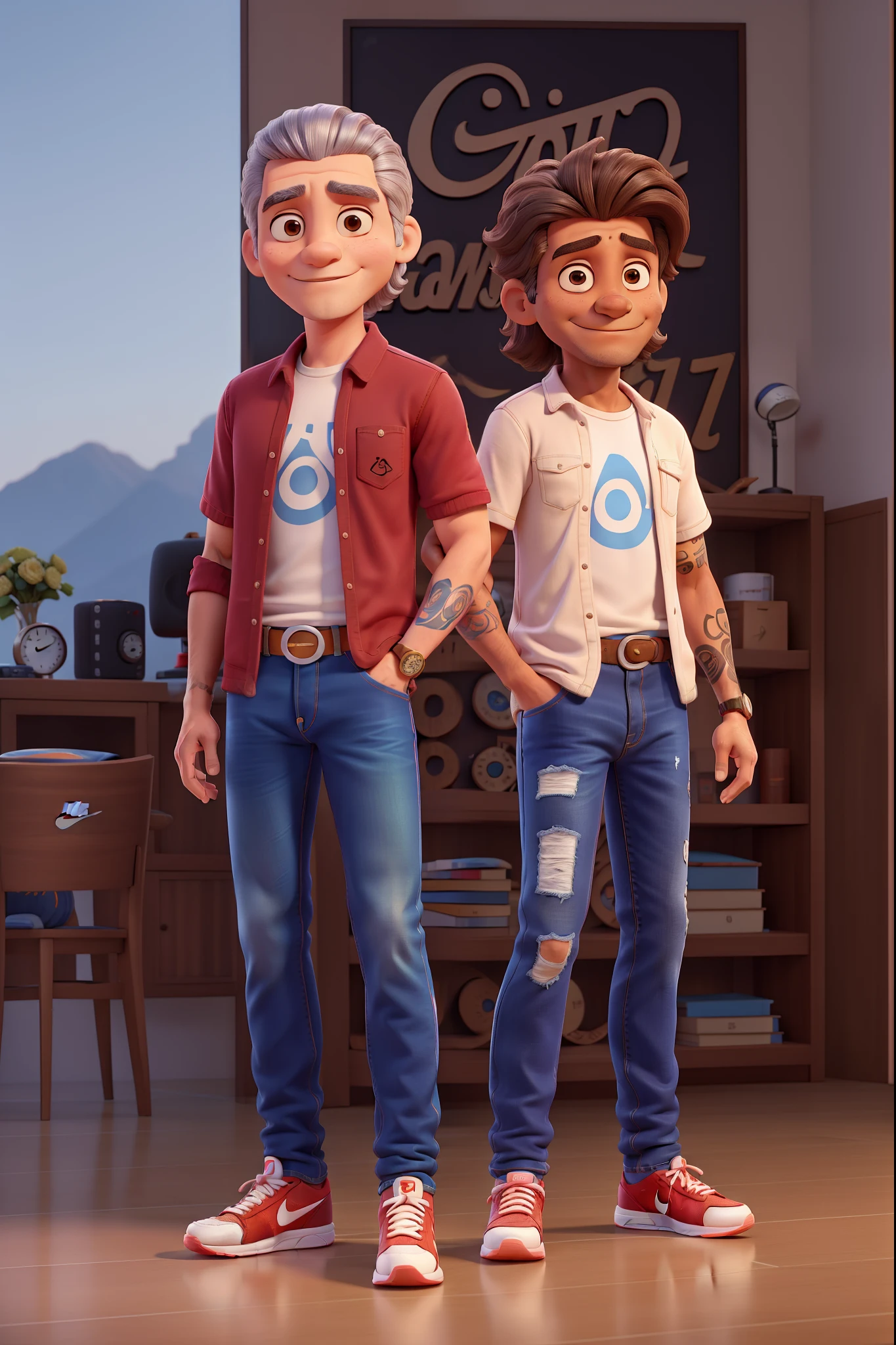 Walney Araujo homem magro sem cabelo pele clara 48 anos Olhos castanhos veste uma camisa branca com a logo da banda Pearl Jam, Smartwatch on the right arm, Denim Jeans Pants, sneakers Nike, forearm tattoo.