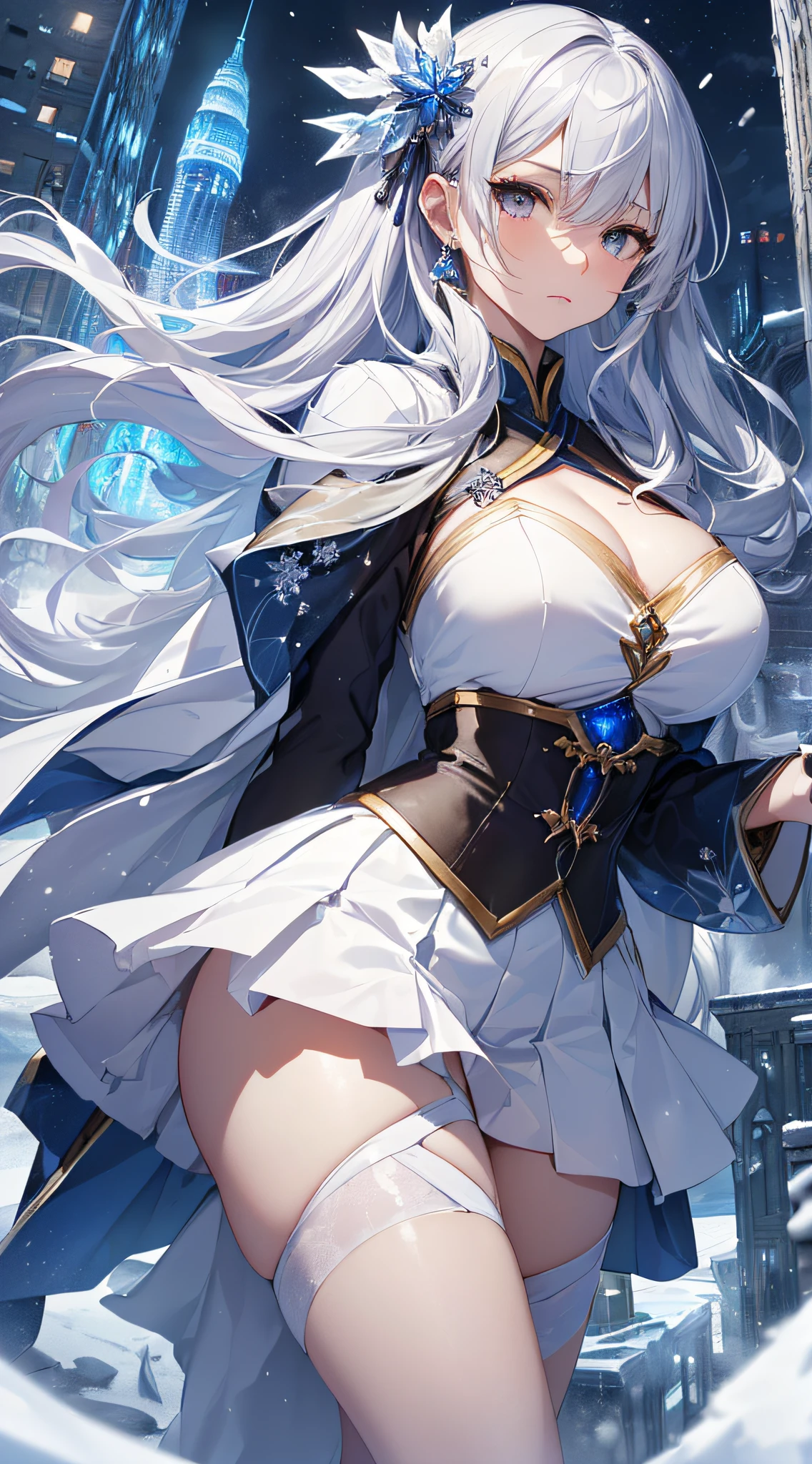 top-quality、Top image quality、masterpiece、girl with((18year old、Best Bust、Medium bust、Bust 85,beautiful silver eyes、Breasts wide open,Semi-long hair in white silver、A slender、Large valleys、Reflecting the whole body、White Japanese Clothing、White short skirt、With an ice sword、Ice Magic Circle、Serious face、Sapphire Hair Ornament、Leaning forward))、hiquality、Beautiful Art、Background with((City of Ice、Iceville、ice tower、snow blowing、Oyuki、Snow World、Iceburn、Ice Castle))、masutepiece、visualart、depth of fields、Freezing of vision