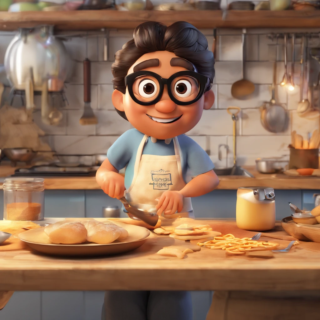 Crie uma cena de desenho animado estilo 3d -Pixar, Onde uma mulher, de cabelos castanhos escuro cacheado curto , black glasses, It's in the chef-style apron kitchen , pele preta