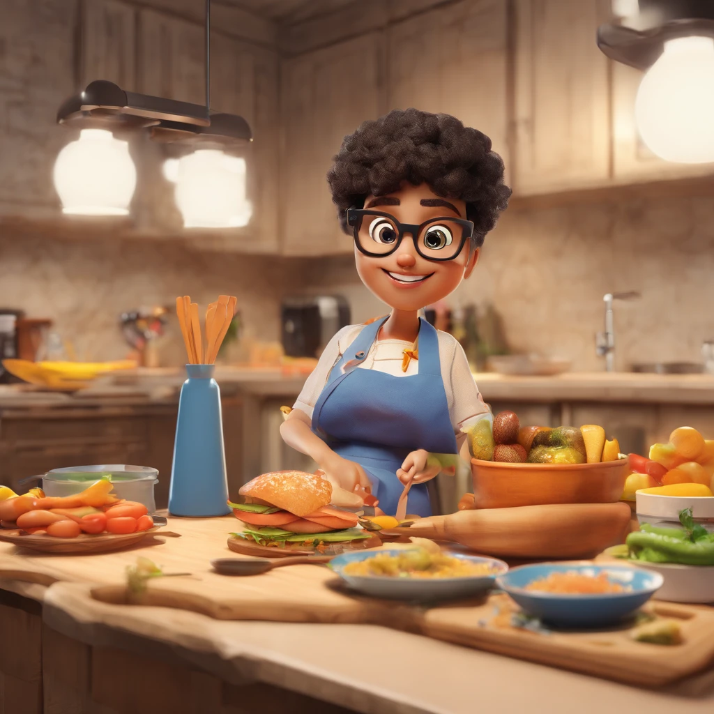Crie uma cena de desenho animado estilo 3d -Pixar, Onde uma mulher, de cabelos castanhos escuro cacheado curto , black glasses, It's in the chef-style apron kitchen , pele preta