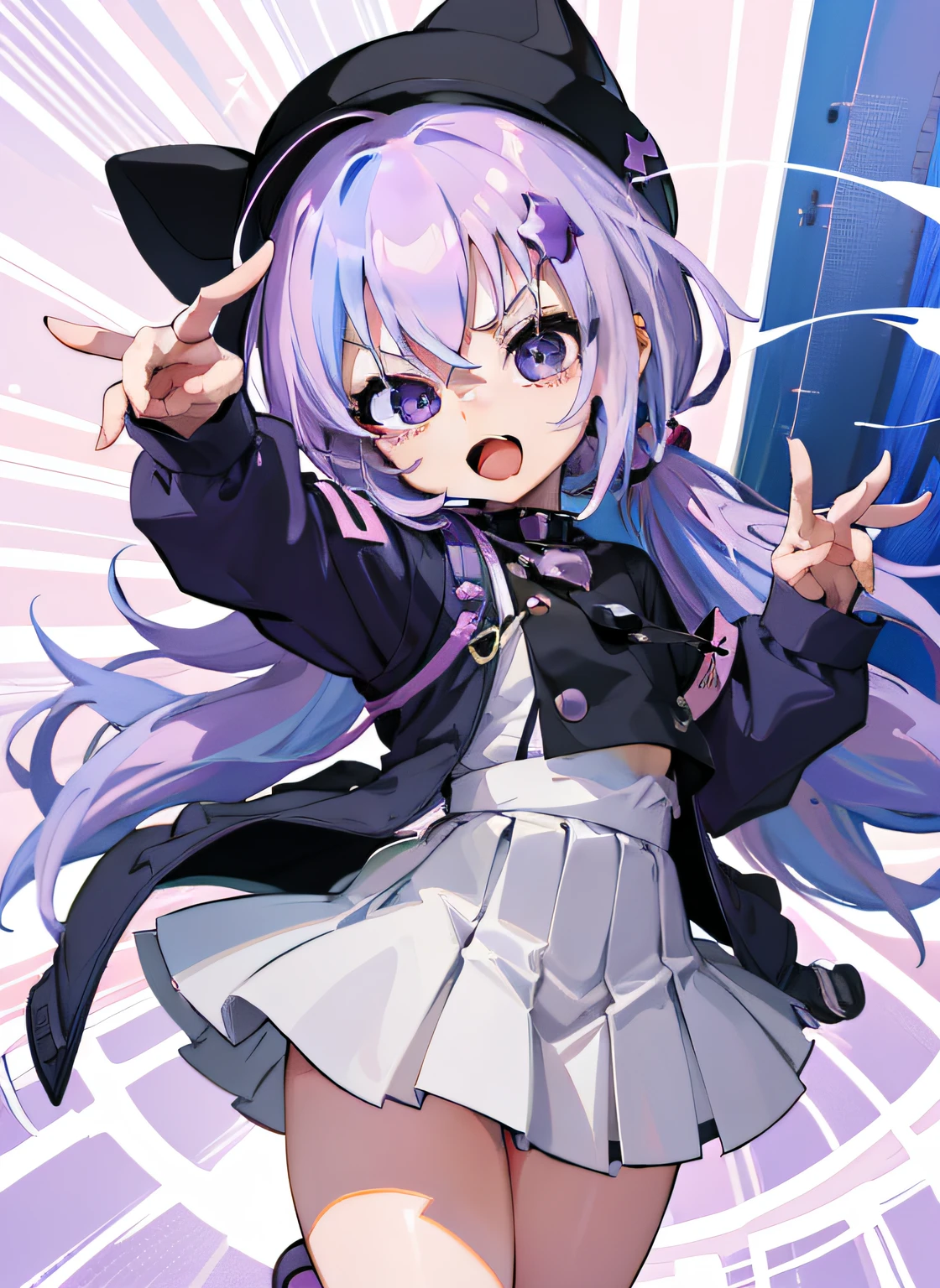 masterpiece,best quality,official art,extremely detailed CG unity 8k wallpaper,Vtb shenle,blue eyes,ahoge,two-tone hair,white hair,bangs, virtual youtuber, hair bow,hair bow,bow,scarf,happy,open mouth,pink hair, (braided ponytail:0.7), Vtb shenle, 1girl,flat chest, virtual youtuber, solo, blue eyes, bell, fang, hair bell, long hair, braid, smile, hair bow, multicolored hair, looking at viewer, jingle bell, jacket, black bow, skin fang, pink hair, hair ornament, hair between eyes, <lora:神乐:1>