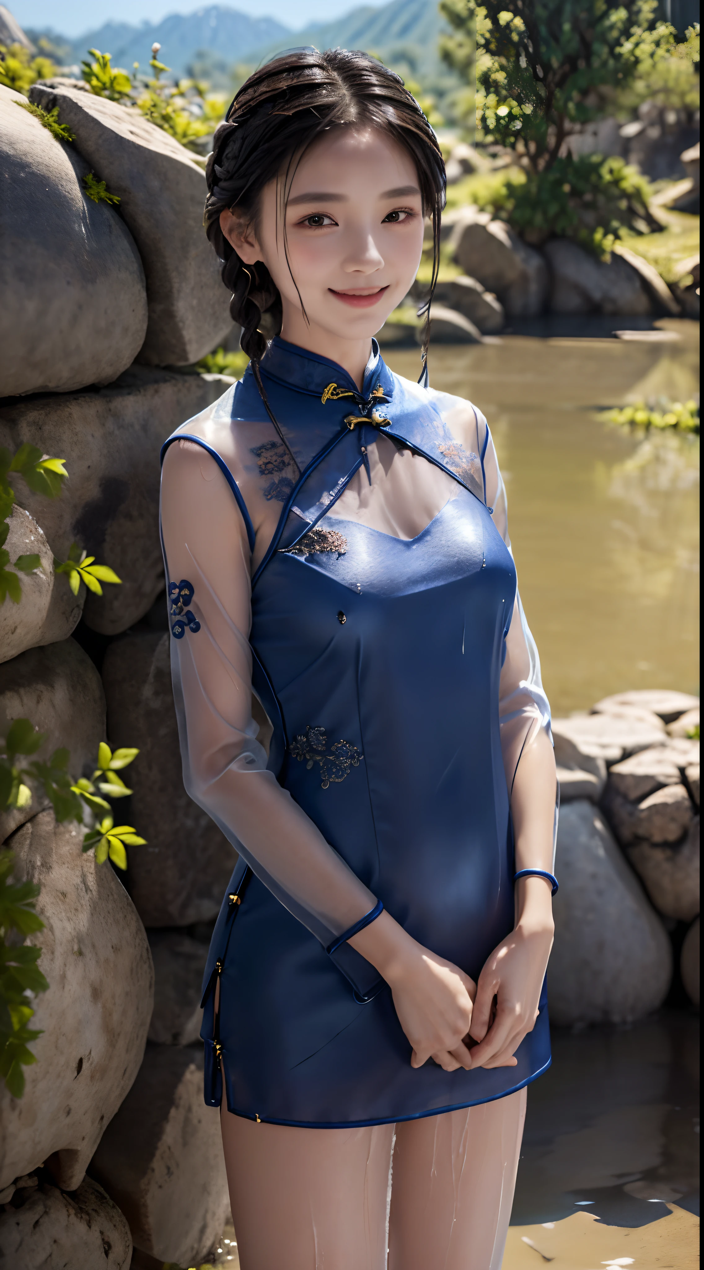 femele,12 years old,japanes,Brown hair,(((Dark blue cheongsam))),Beautiful short hair,,Hair fastening to bangs,,((()),Natural smile,((())),Braids.(((Clothes are wet and see-through))),sand beach,((())),