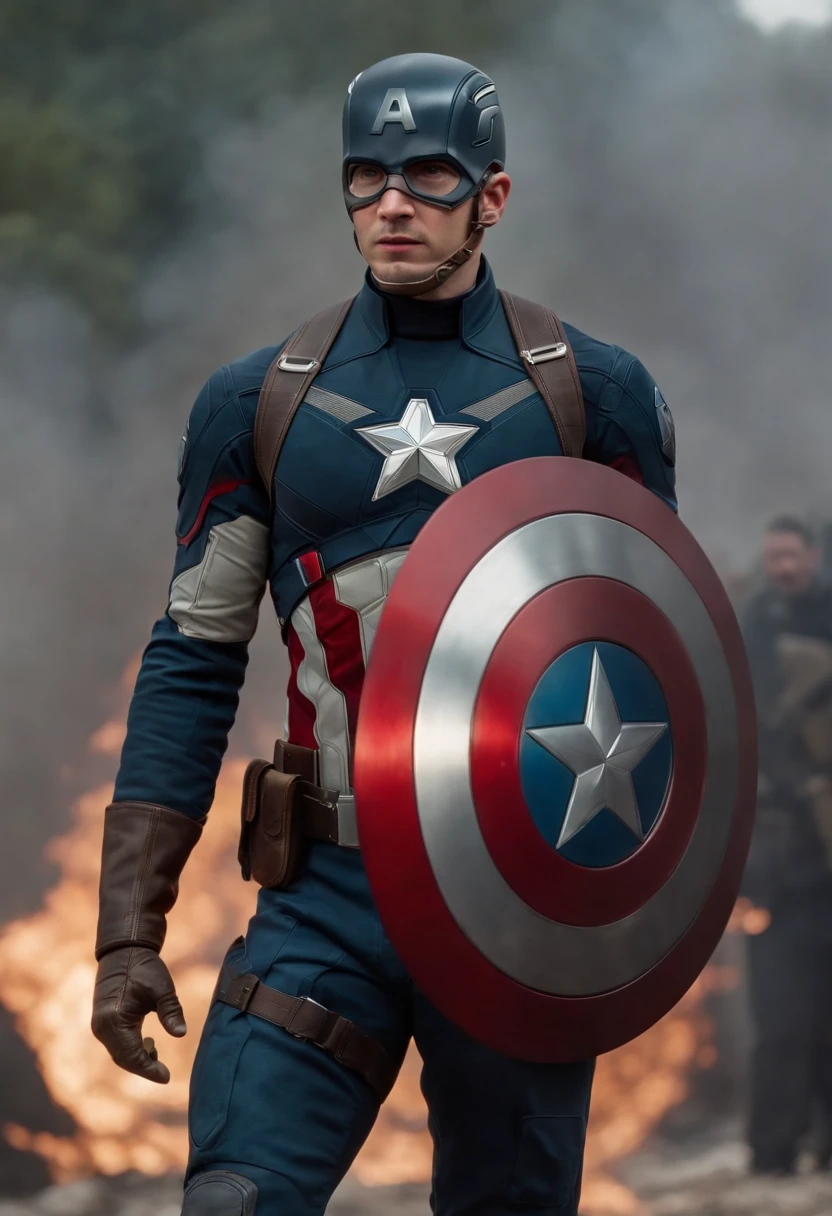 masterpiece), complete body view , distant shot photo of Captain America with is shield, cool attitude, badass hero,, marvel,, realistic, detailed, , epic, cinematic, 4k, , (photorealistic:1.3), ultra-detailed, perfect face,, the man posture ,, brightening and colourful artistic background, man focus, shading, , bright lighting, funny, XB