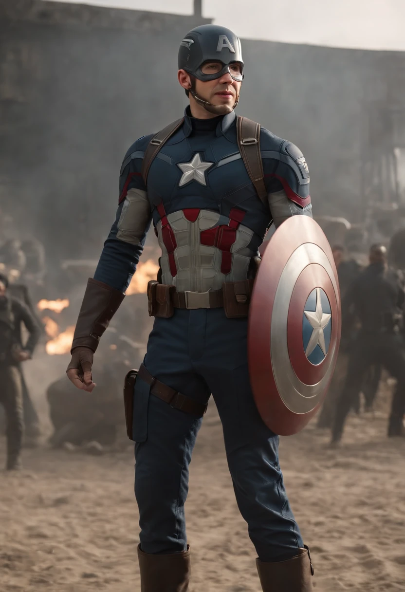 masterpiece), complete body view , distant shot photo of Captain America with is shield, cool attitude, badass hero,, marvel,, realistic, detailed, , epic, cinematic, 4k, , (photorealistic:1.3), ultra-detailed, perfect face,, the man posture ,, brightening and colourful artistic background, man focus, shading, , bright lighting, funny, XB